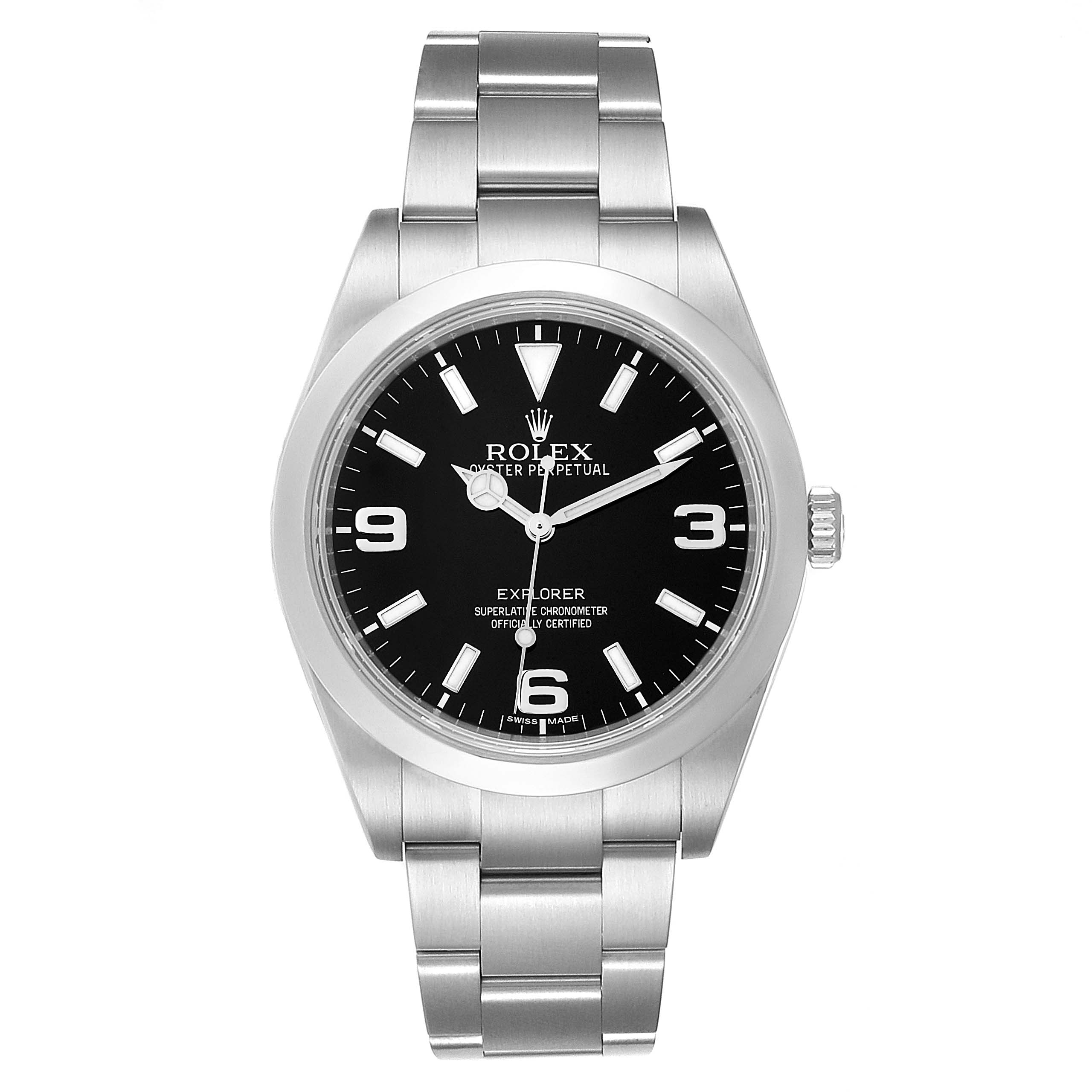 The image shows a frontal view of the Rolex Explorer 214270 Men
s Stainless Steel Black Dial 214270 Men
s Stainless Steel Black Dial watch, featuring its black dial, stainless steel case, and bracelet.