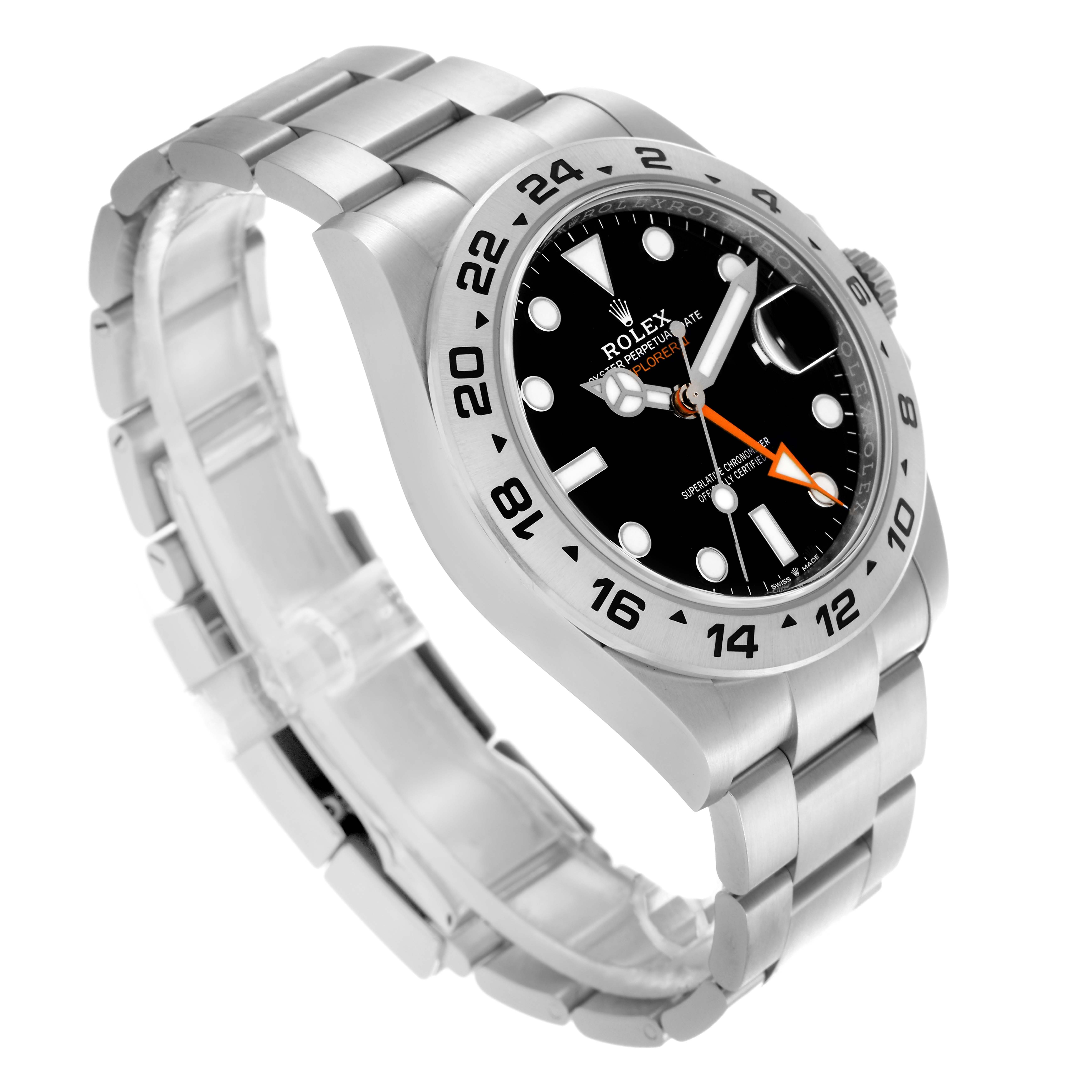 The Rolex Explorer 226570 Men
s Stainless Steel Black Dial 226570 Men
s Stainless Steel Black Dial watch is shown at an angled side view, displaying the dial, bezel, and bracelet.