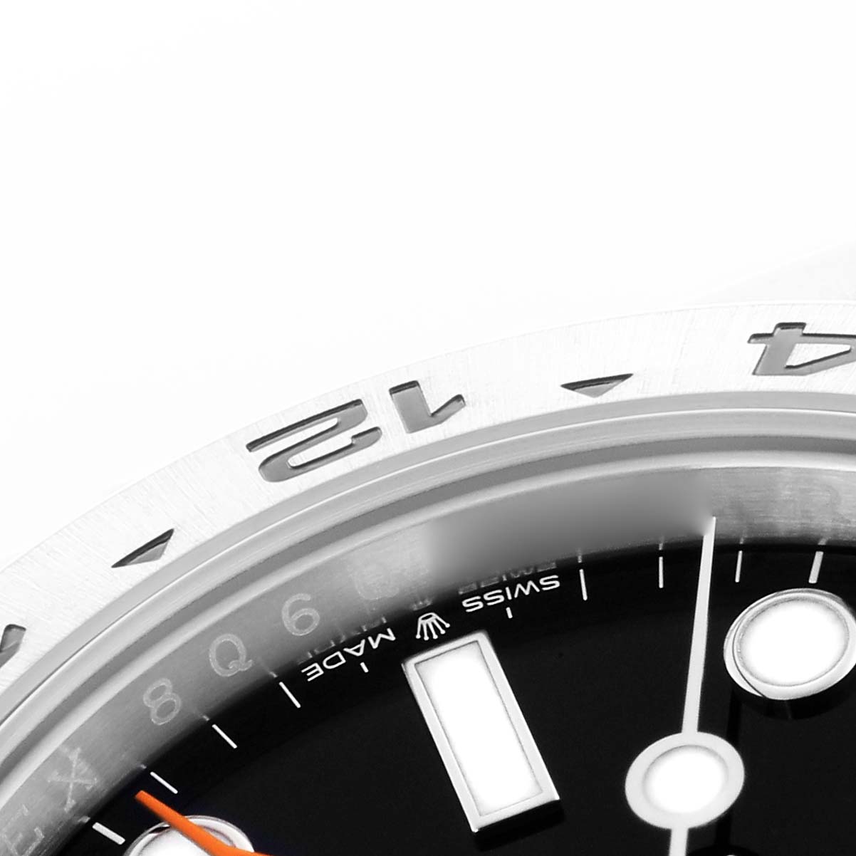 The image shows a close-up of the Rolex Explorer 226570 Men
s Stainless Steel Black Dial 226570 Men
s Stainless Steel Black Dial watch, focusing on the bezel, dial, and hands from an angled top view.