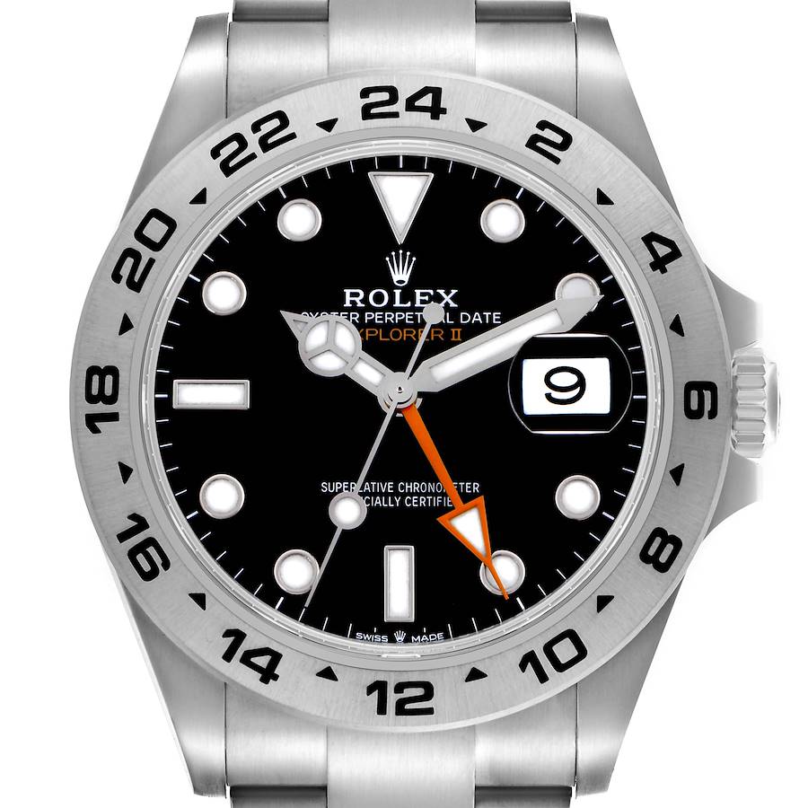 The Rolex Explorer II watch is shown from the front, featuring the dial, hands, bezel, and part of the bracelet.
