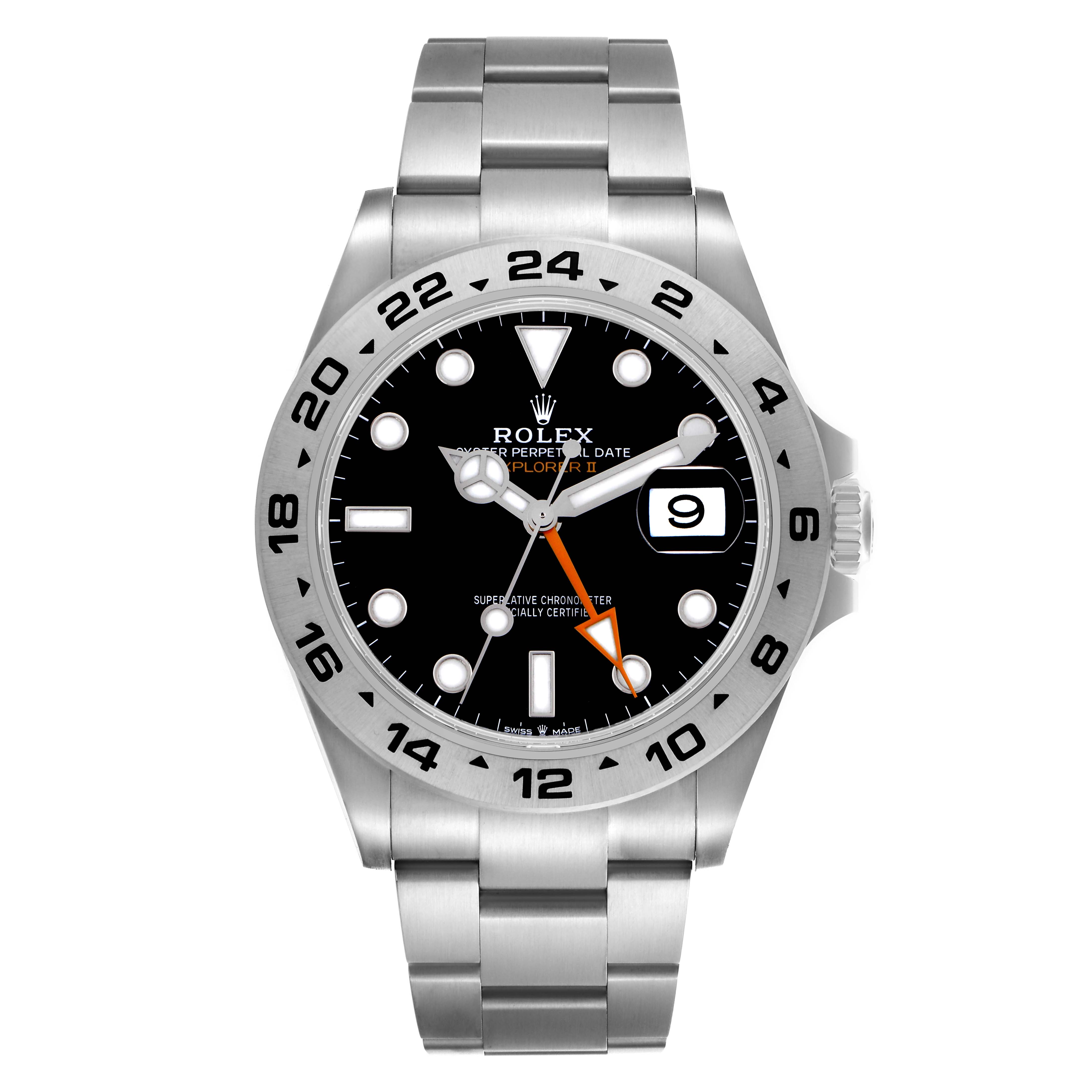 The Rolex Explorer 226570 Men
s Stainless Steel Black Dial 226570 Men
s Stainless Steel Black Dial model watch is shown from the front, highlighting the dial, bezel, hands, and bracelet.