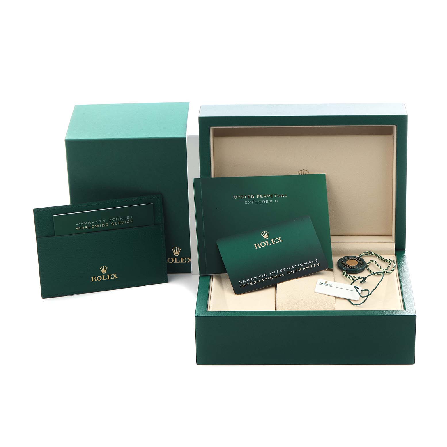 The image shows the packaging and accessories, including boxes, booklets, and tags, for a Rolex Explorer 226570 Men
s Stainless Steel Black Dial 226570 Men
s Stainless Steel Black Dial model watch.