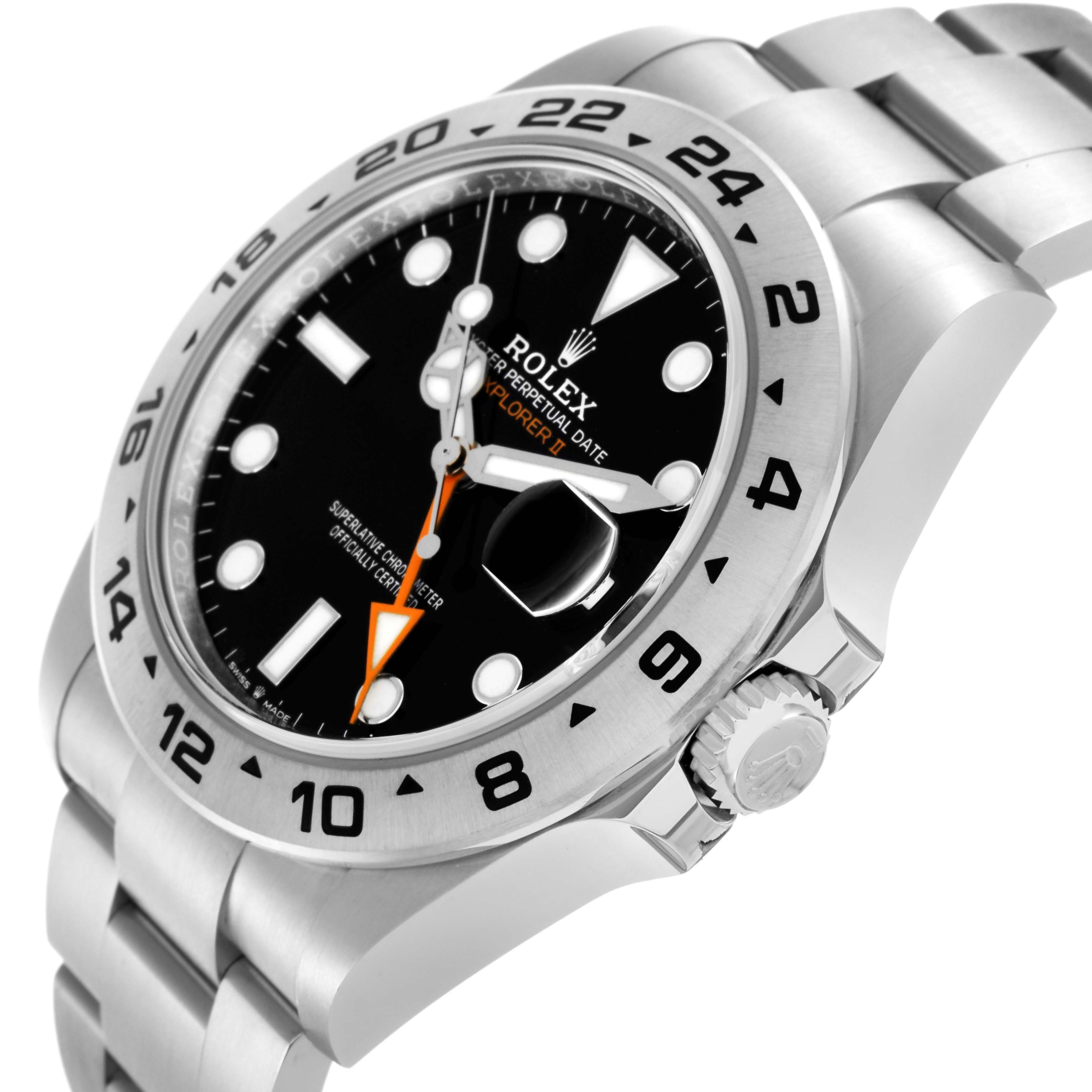 This Rolex Explorer 226570 Men
s Stainless Steel Black Dial 226570 Men
s Stainless Steel Black Dial watch is shown from an angled side view, displaying the dial, bezel, crown, and part of the bracelet.