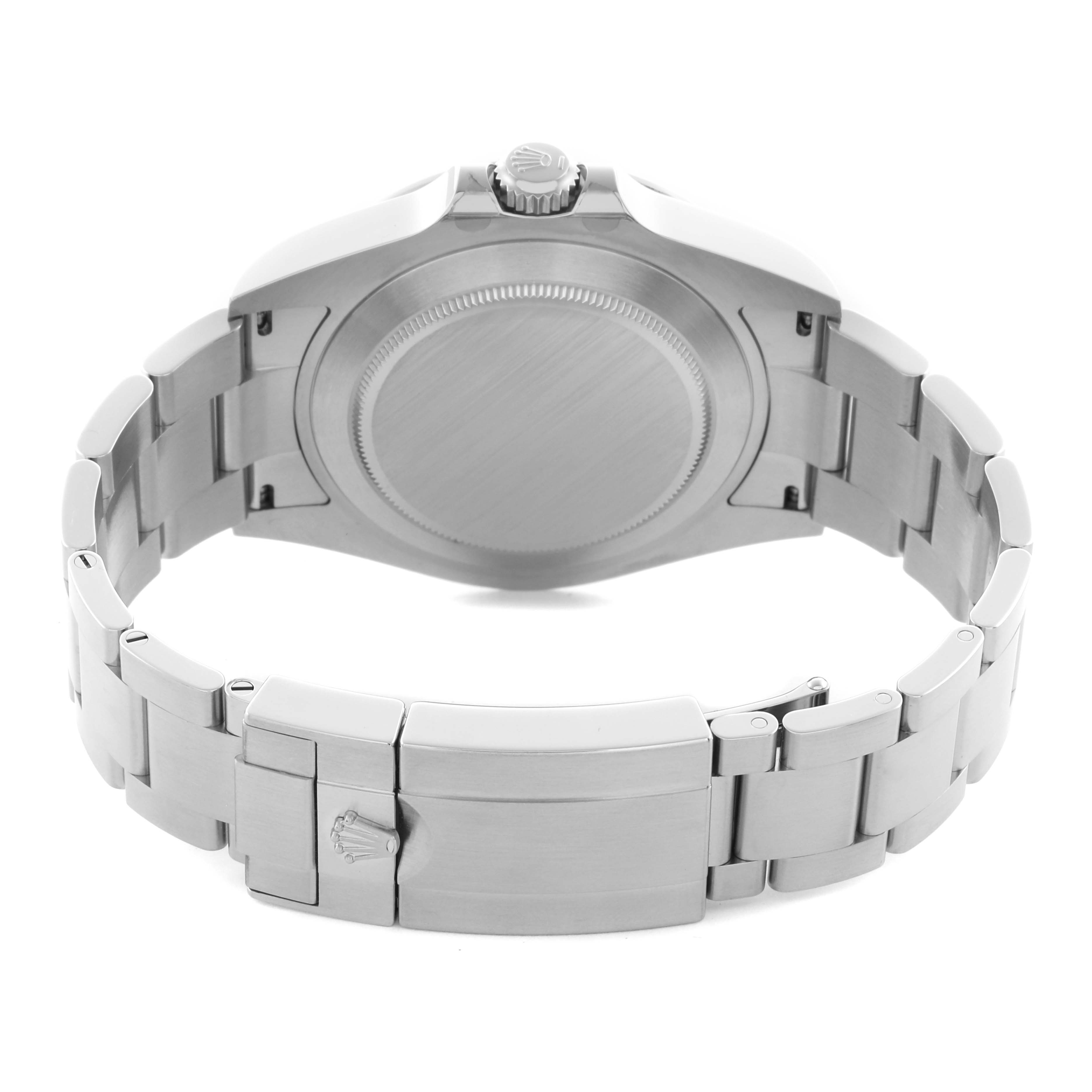 The image shows the Rolex Explorer 226570 Men
s Stainless Steel Black Dial 226570 Men
s Stainless Steel Black Dial watch from the back, highlighting the case back, crown, and bracelet with a clasp.