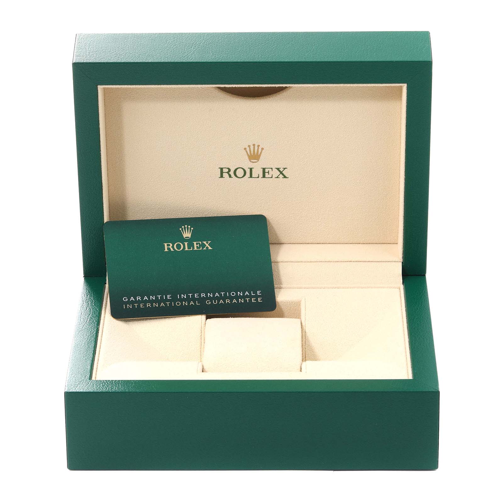 The image shows an open green Rolex box for the Explorer model, displaying the interior and an international guarantee card.