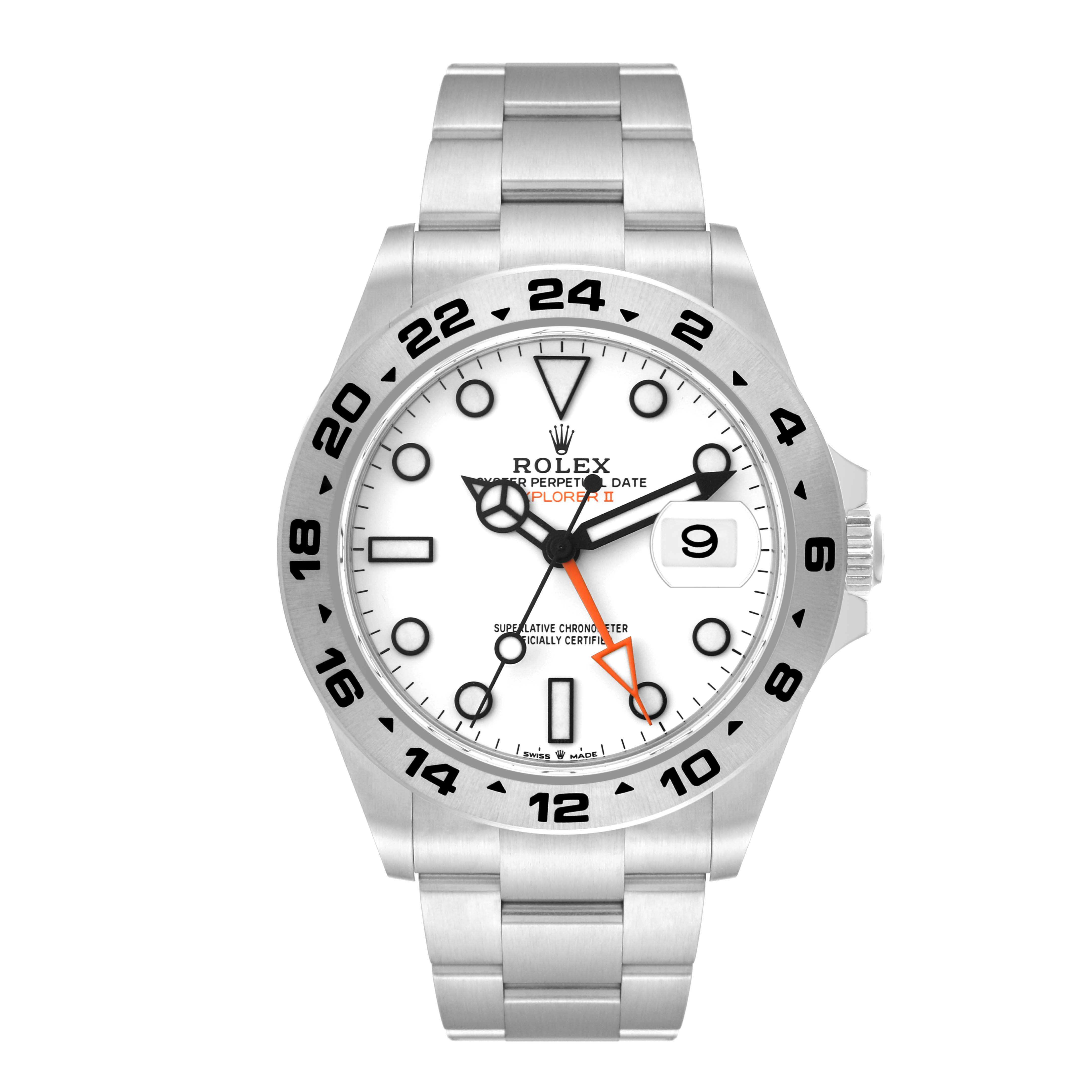 The image shows a front view of the Rolex Explorer 226570 Men's Stainless Steel White Dial 226570 Men's Stainless Steel White Dial watch, featuring its dial, bezel, and bracelet.