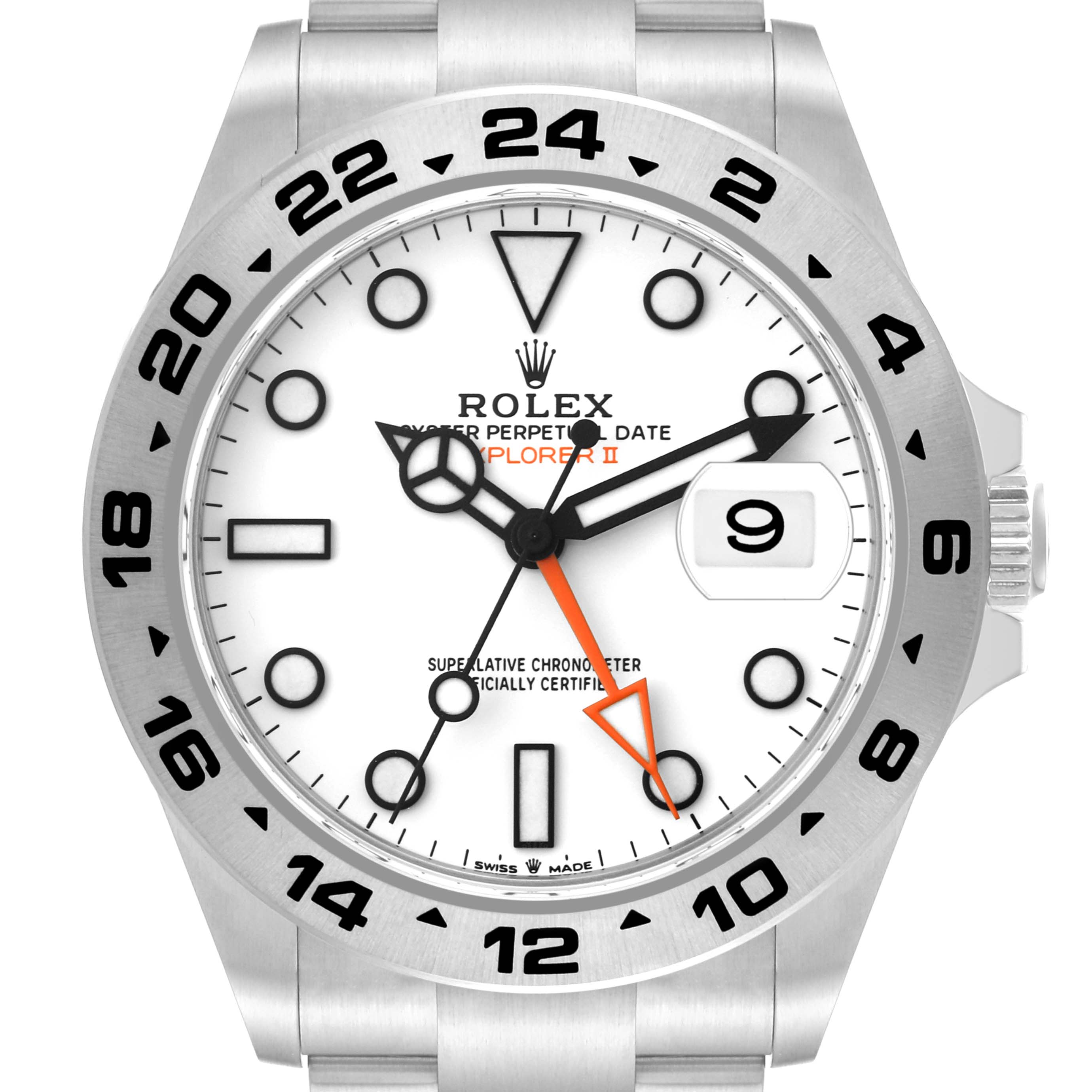 The image shows a front view of a Rolex Explorer 226570 Men's Stainless Steel White Dial 226570 Men's Stainless Steel White Dial watch displaying its dial, hands, bezel, and part of the bracelet.