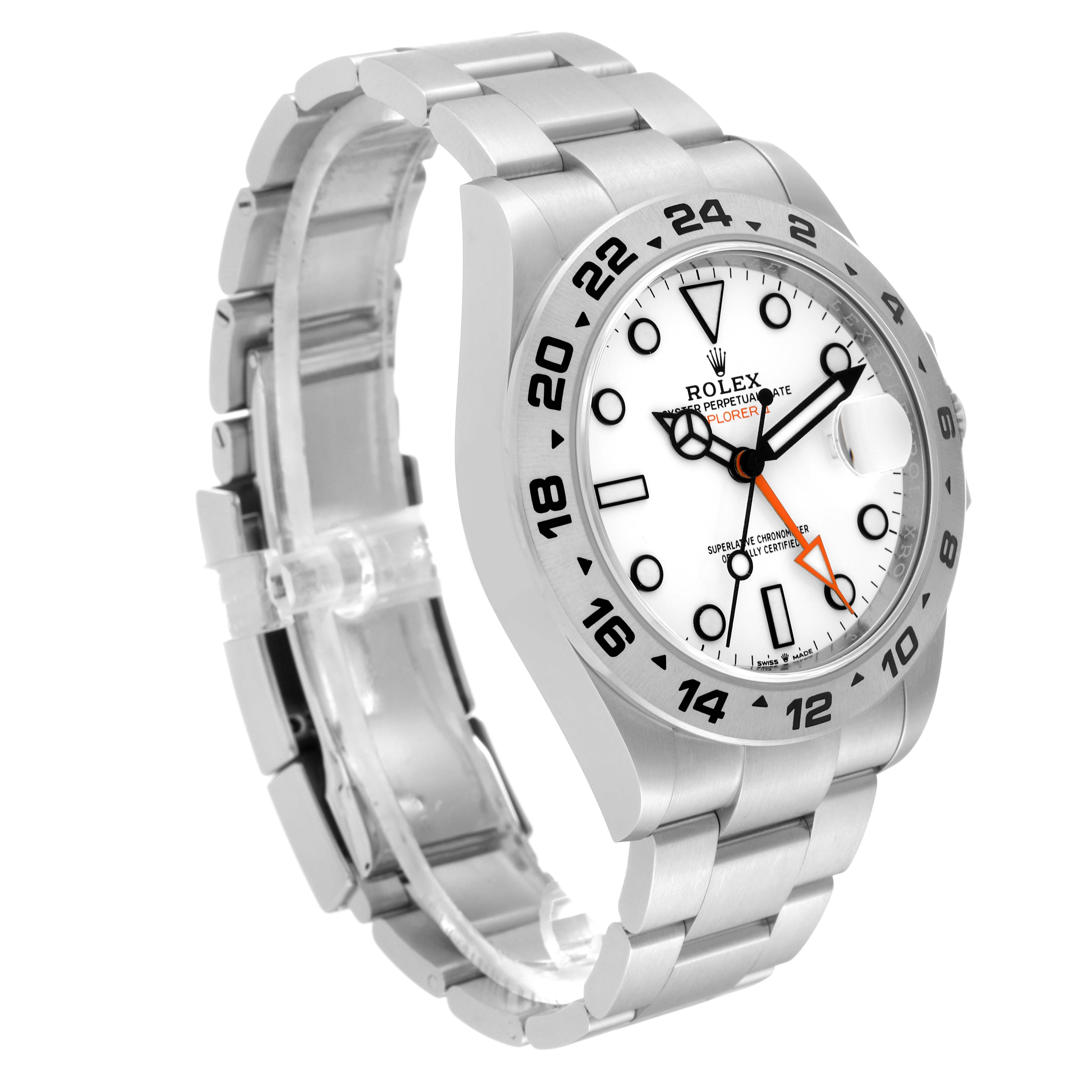 The Rolex Explorer 226570 Men's Stainless Steel White Dial 226570 Men's Stainless Steel White Dial watch is shown at an angled view highlighting its face, bezel, and part of the bracelet.