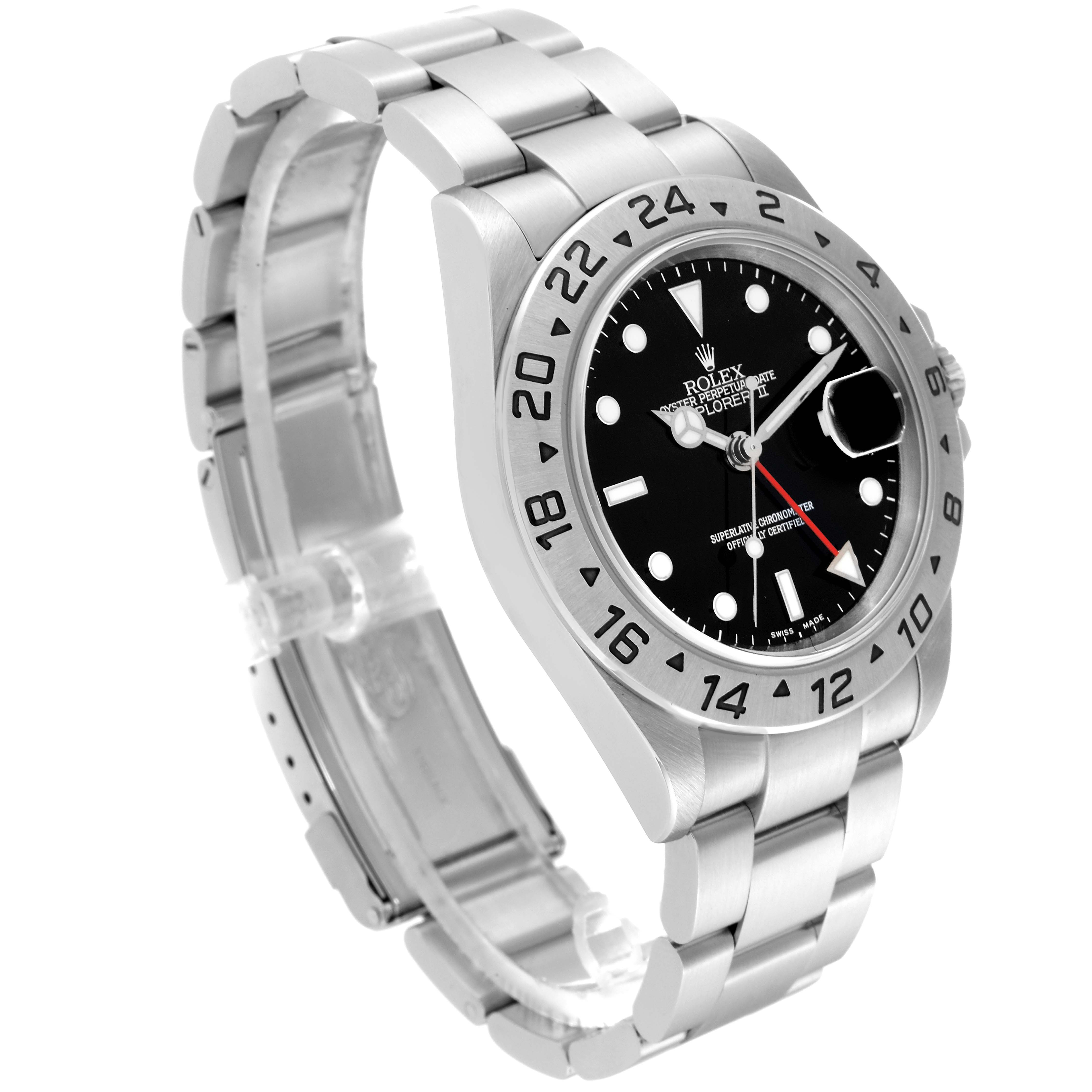 The image shows a Rolex Explorer 16570 Men
s Stainless Steel Black Dial 16570 Men
s Stainless Steel Black Dial model watch at a slight angle, highlighting its bezel, bracelet, and face with hands.