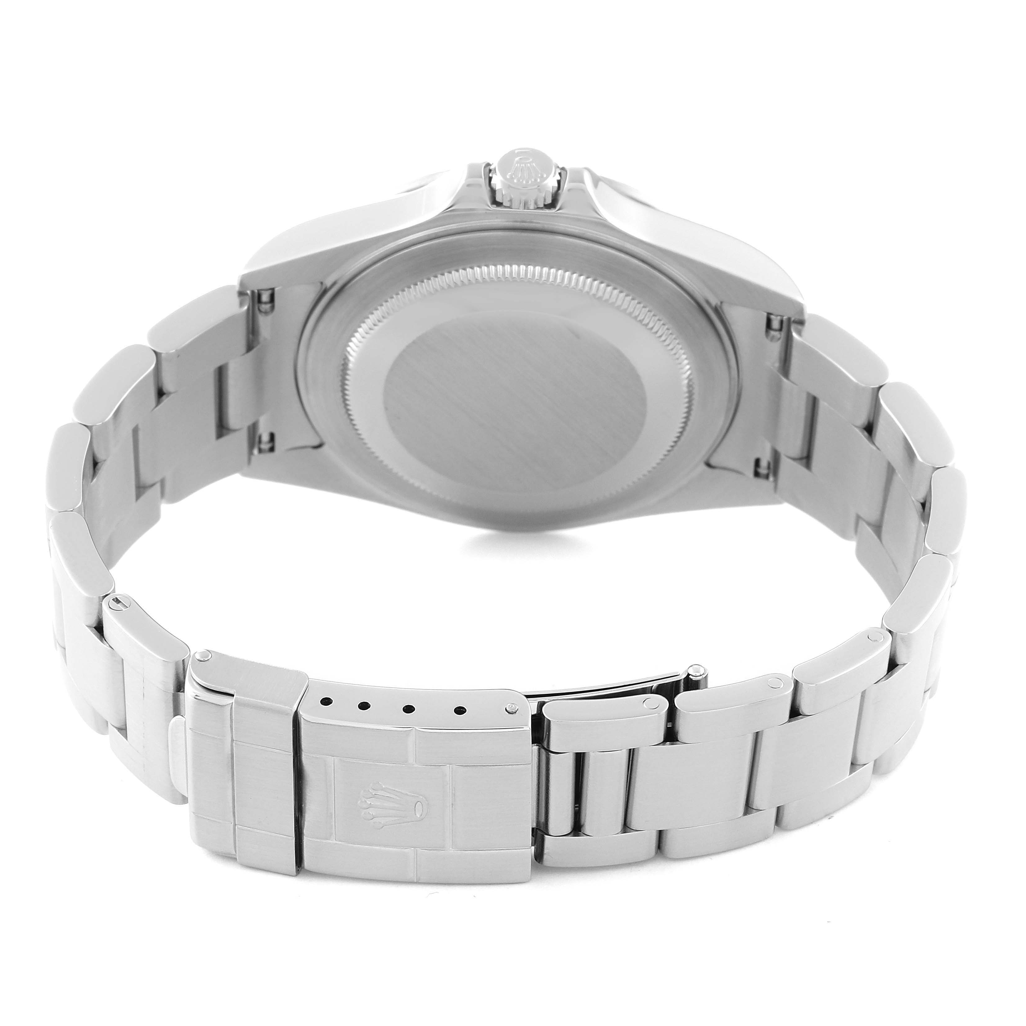 This image shows the back case and bracelet clasp of a Rolex Explorer 16570 Men
s Stainless Steel Black Dial 16570 Men
s Stainless Steel Black Dial watch.