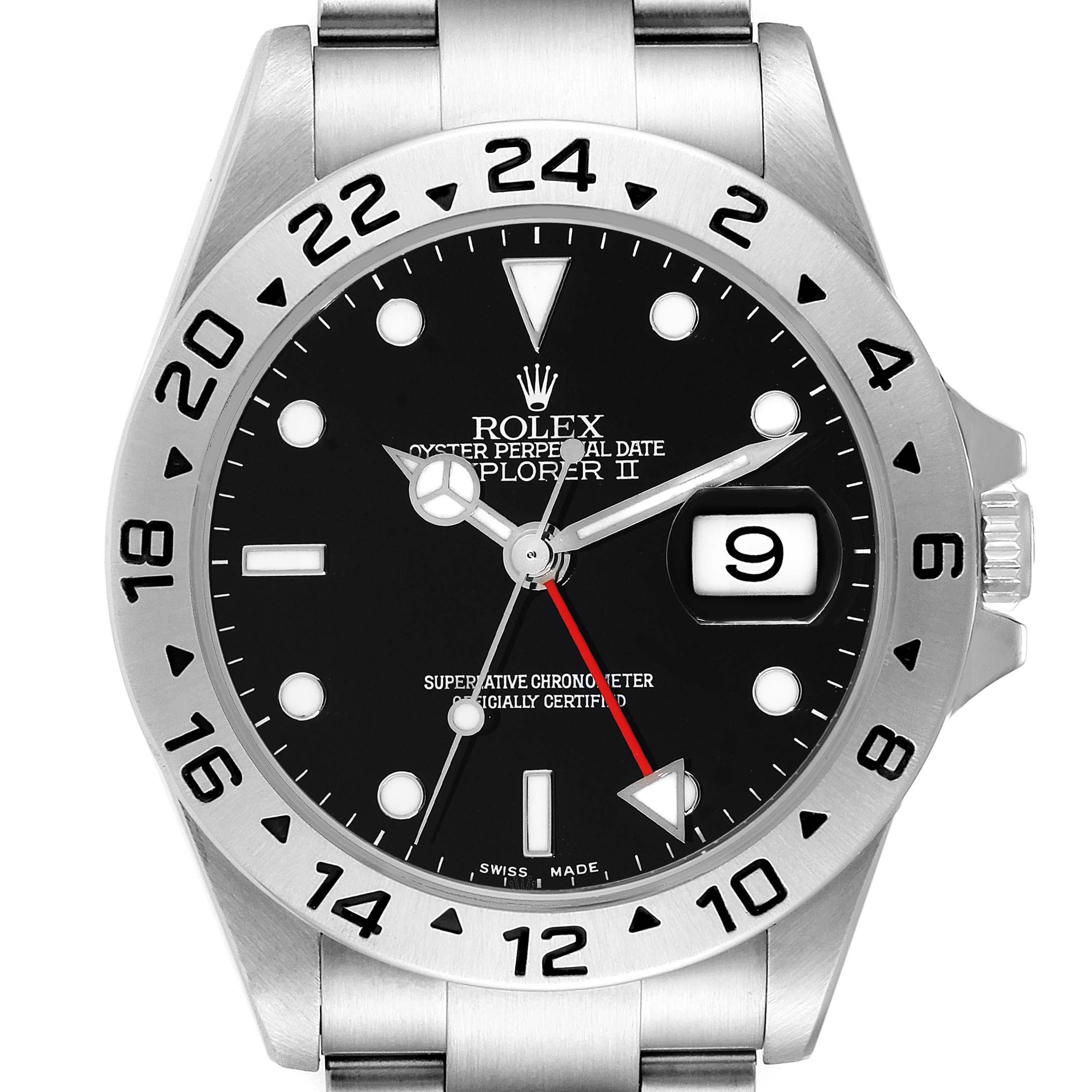 The image shows a frontal view of the Rolex Explorer 16570 Men
s Stainless Steel Black Dial 16570 Men
s Stainless Steel Black Dial watch, highlighting its dial, bezel, hands, and date display.