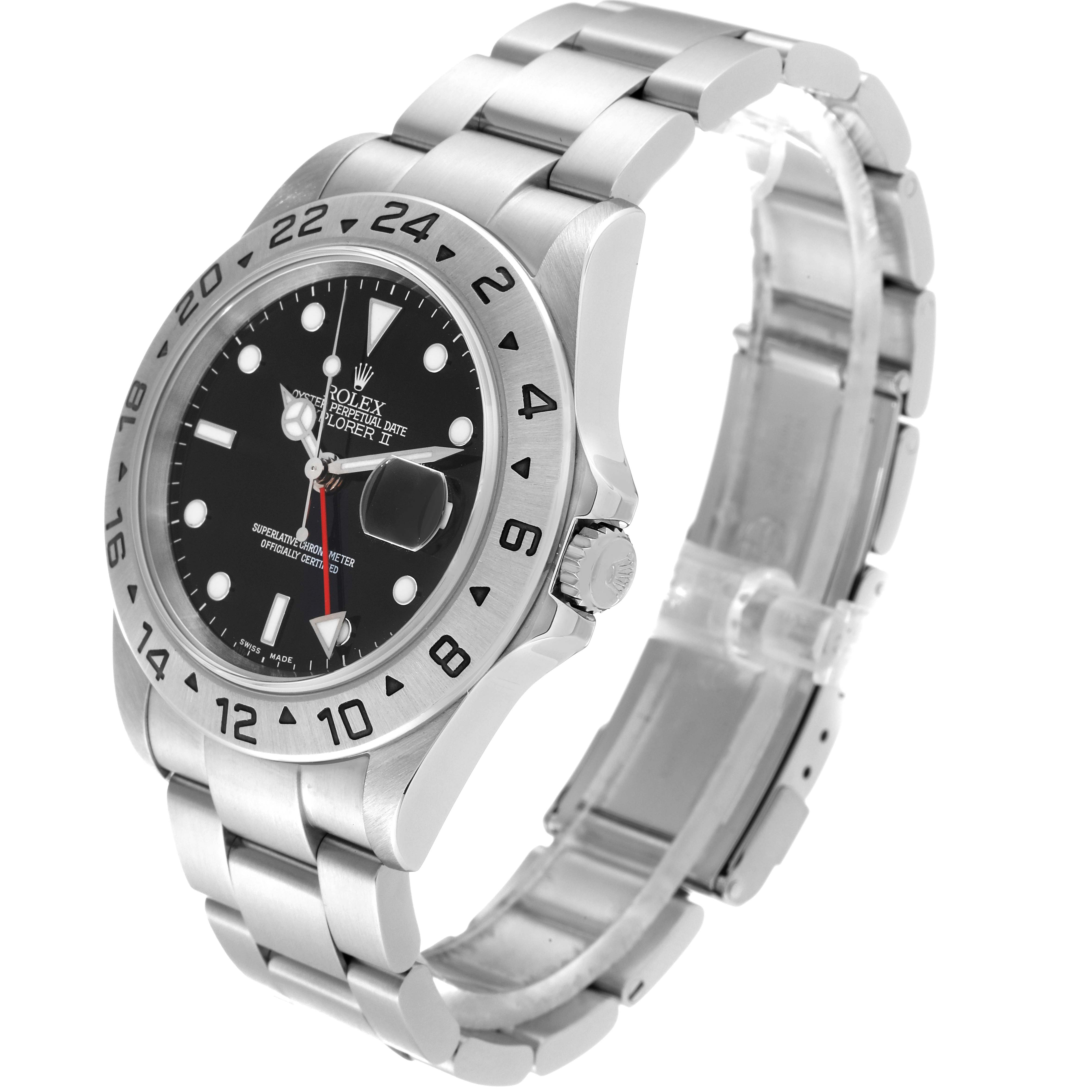 The image shows a Rolex Explorer 16570 Men
s Stainless Steel Black Dial 16570 Men
s Stainless Steel Black Dial watch angled to display the face, bezel, crown, and stainless steel bracelet.