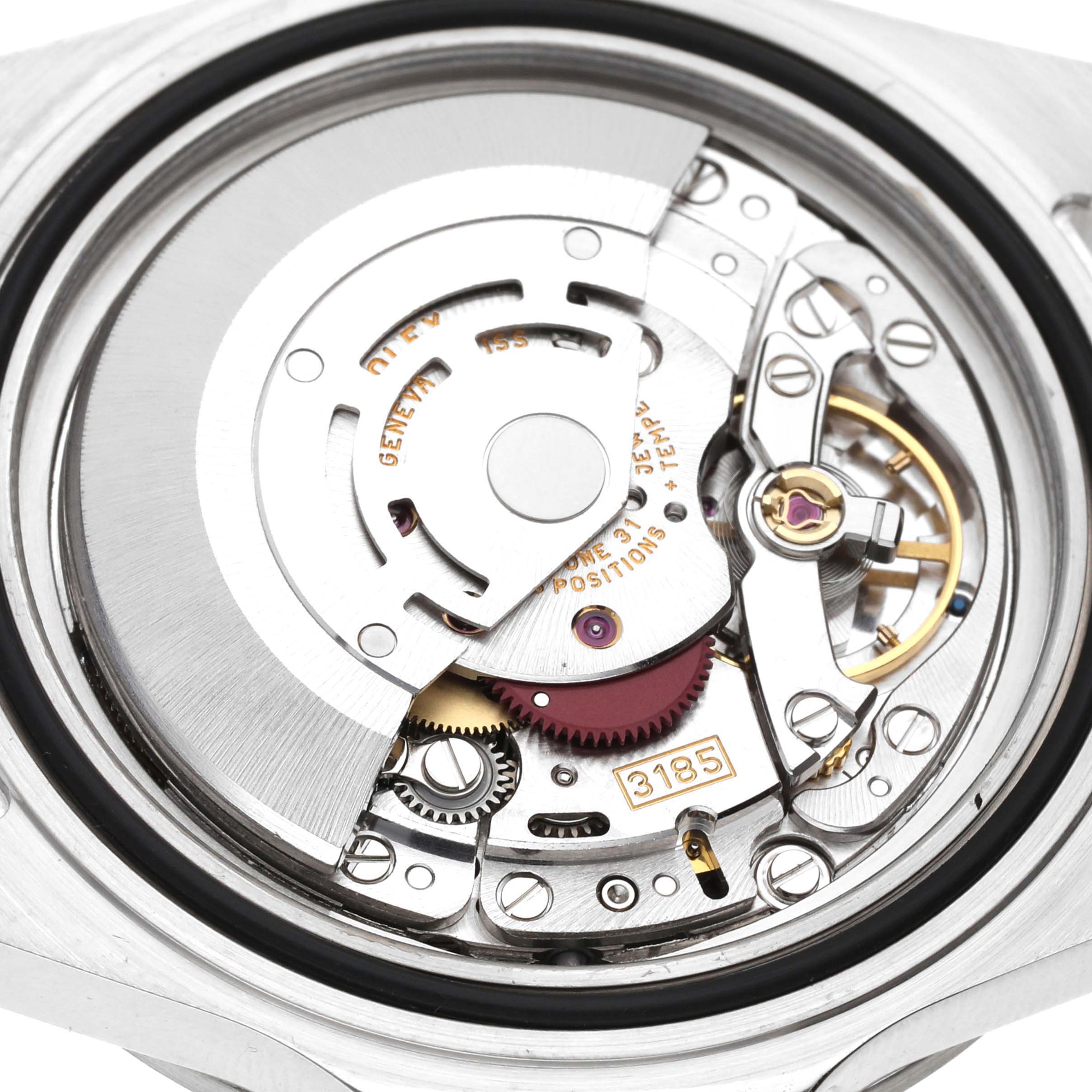 The image shows a close-up view of the movement and internal mechanisms of a Rolex Explorer 16570 Men
s Stainless Steel Black Dial 16570 Men
s Stainless Steel Black Dial watch.