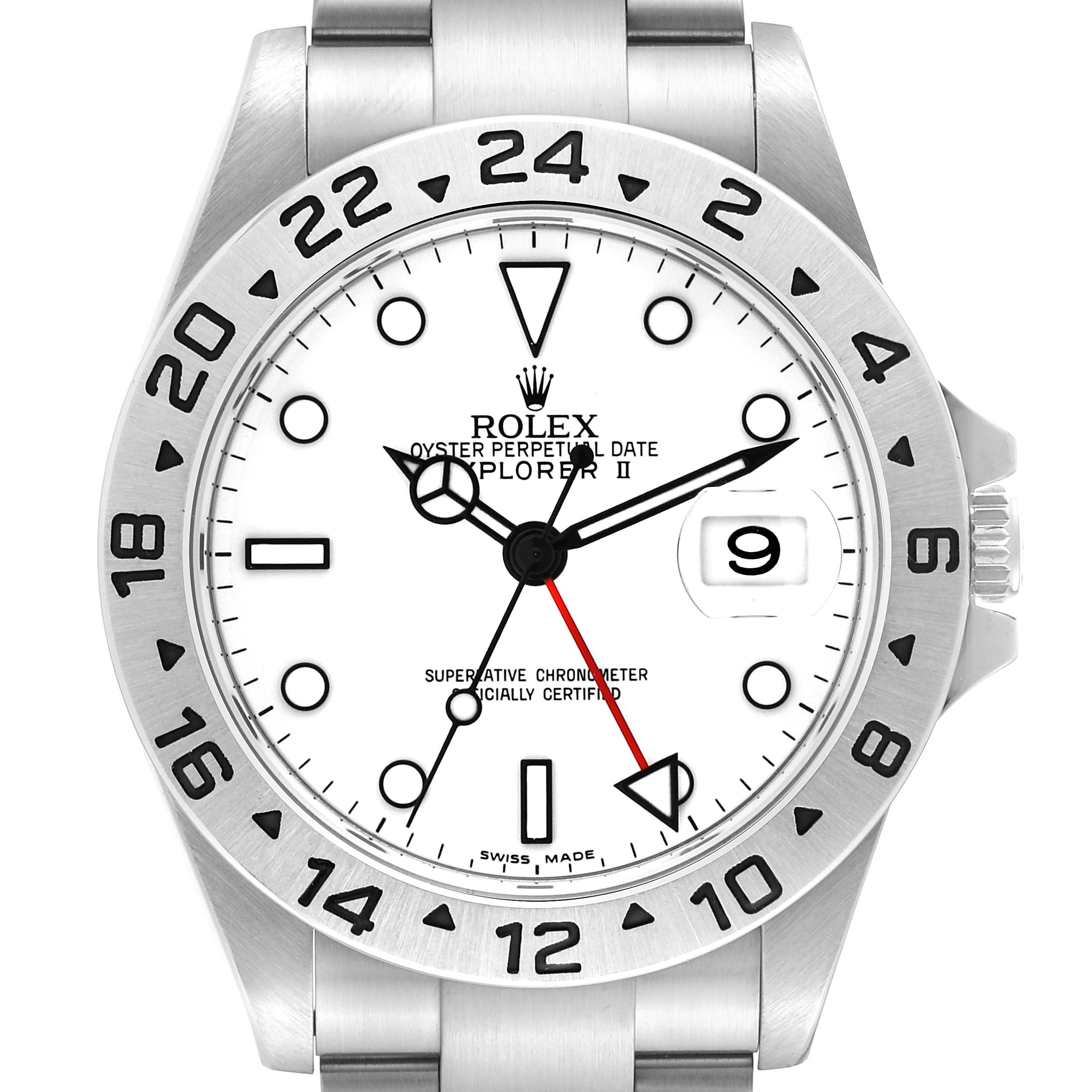 This image shows a front view of a Rolex Explorer 16570 Men's Stainless Steel White Dial 16570 Men's Stainless Steel White Dial watch, highlighting the face, bezel, and part of the bracelet.