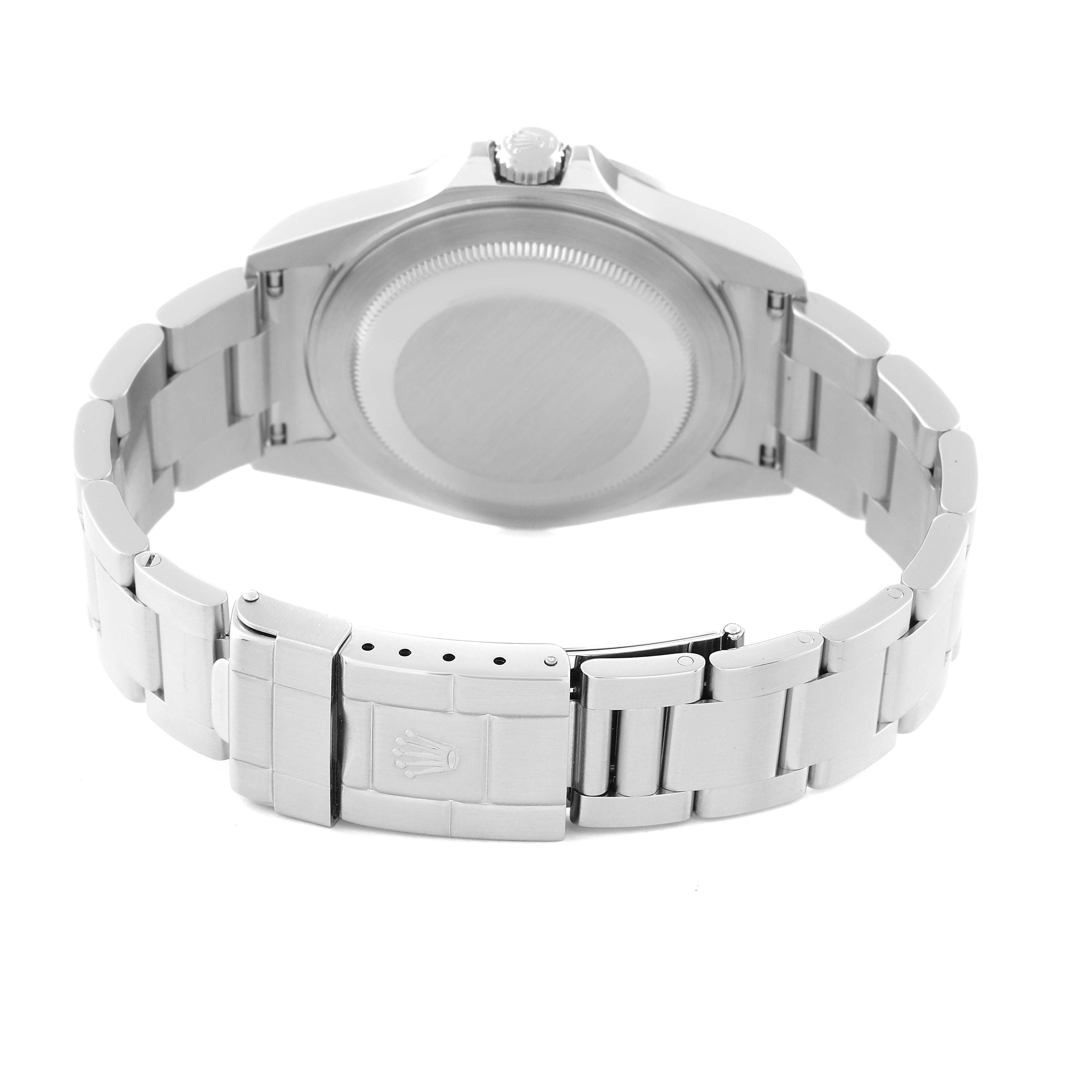 This image shows the back case and bracelet of a Rolex Explorer 16570 Men's Stainless Steel White Dial 16570 Men's Stainless Steel White Dial watch, highlighting the clasp and stainless steel links.