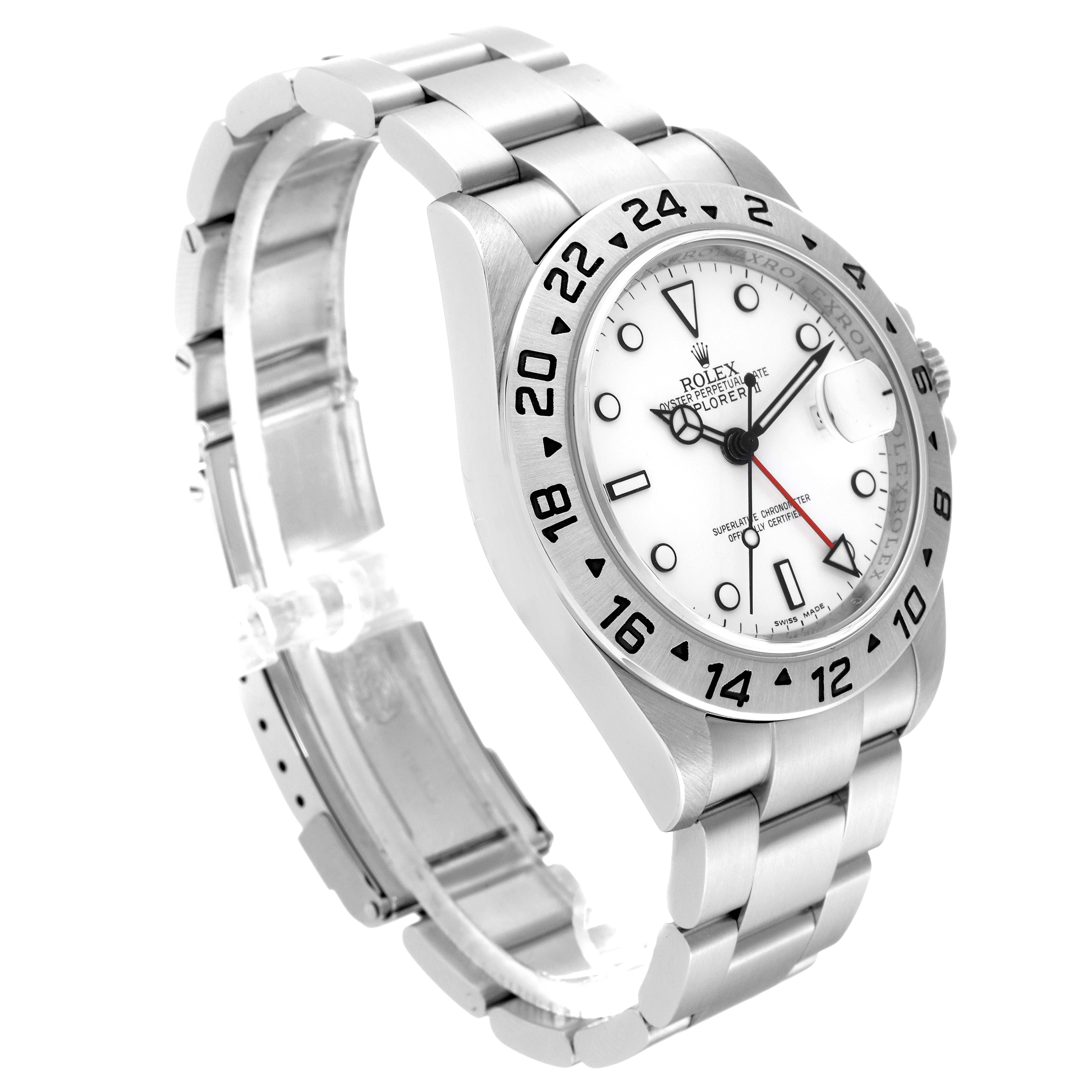 The image shows a side perspective of the Rolex Explorer 16570 Men's Stainless Steel White Dial 16570 Men's Stainless Steel White Dial watch, highlighting its stainless steel bracelet, case, and white dial.