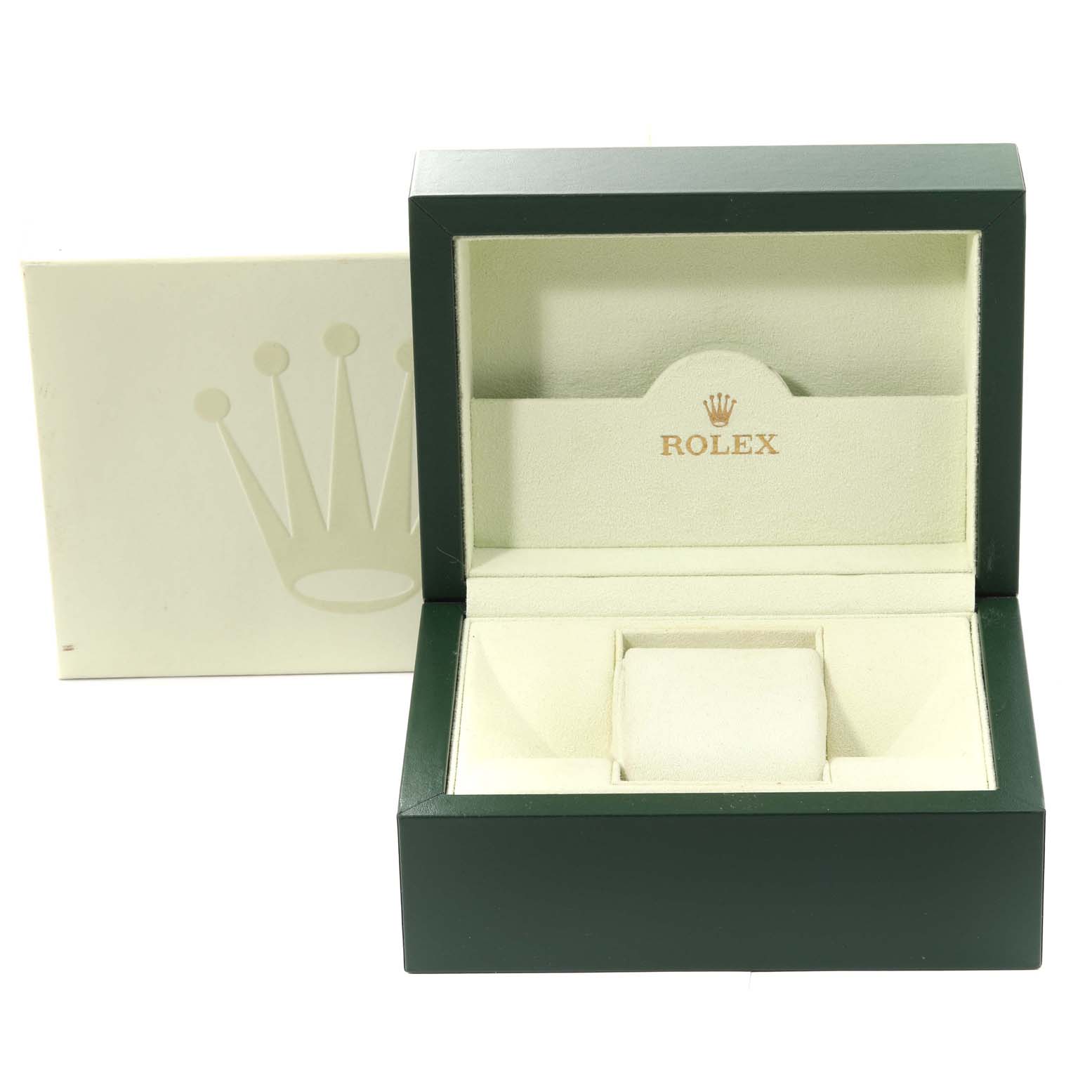 The image shows an open Rolex watch box for the Explorer model, featuring the Rolex logo inside.