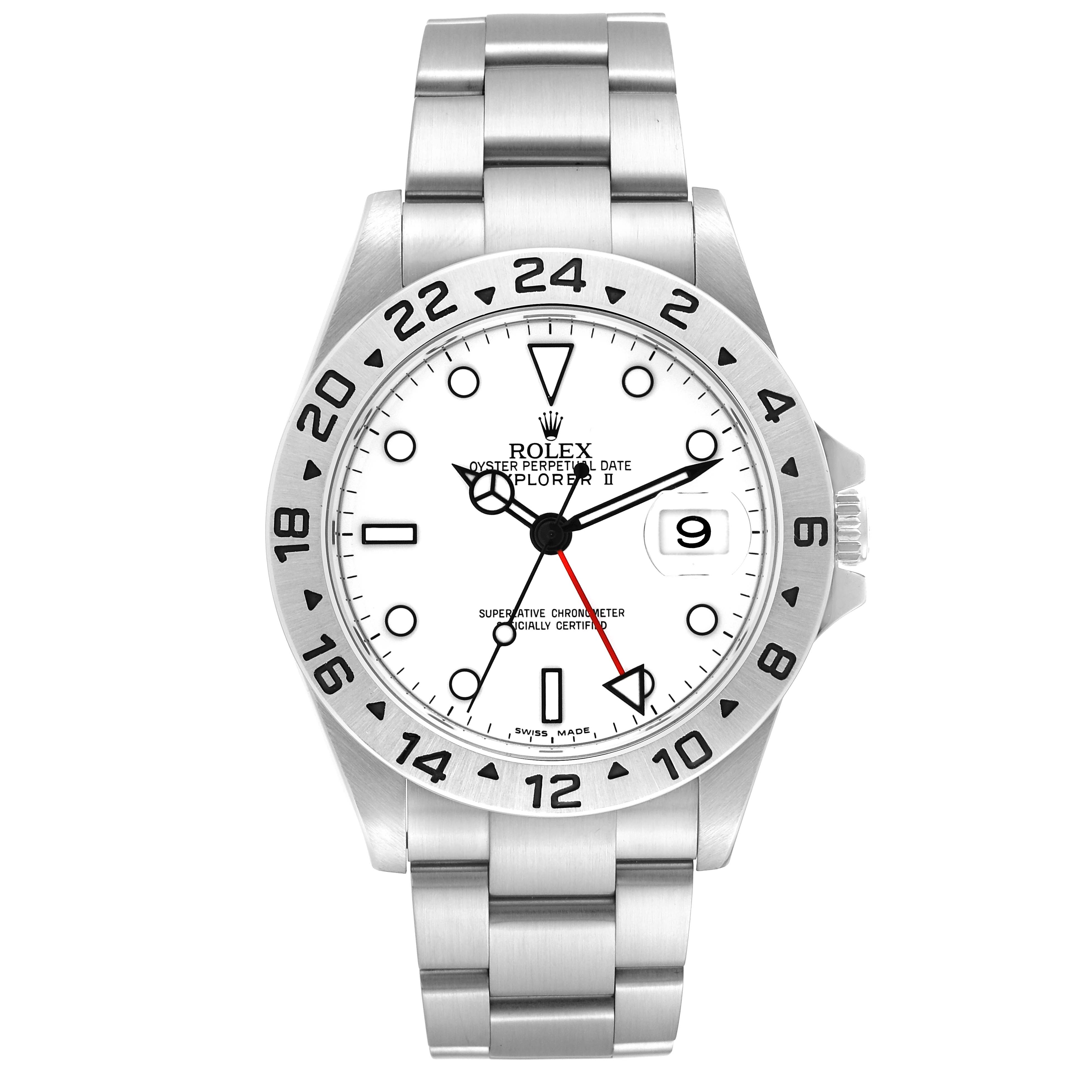 The image shows a front view of a Rolex Explorer 16570 Men's Stainless Steel White Dial 16570 Men's Stainless Steel White Dial watch with a white dial and stainless steel bracelet.