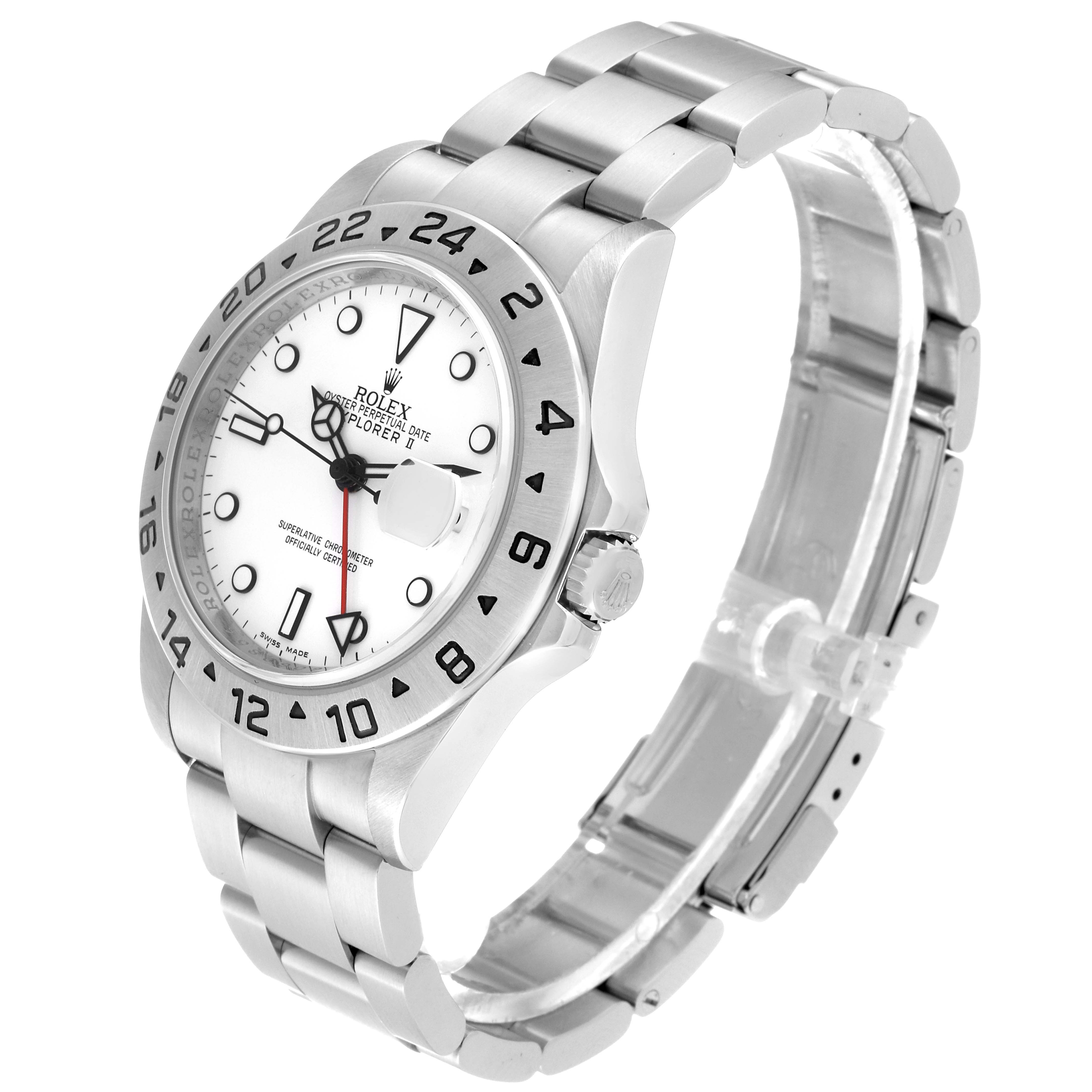 The image shows an angled view of a Rolex Explorer 16570 Men's Stainless Steel White Dial 16570 Men's Stainless Steel White Dial watch, highlighting its face, bezel, crown, and metal bracelet.