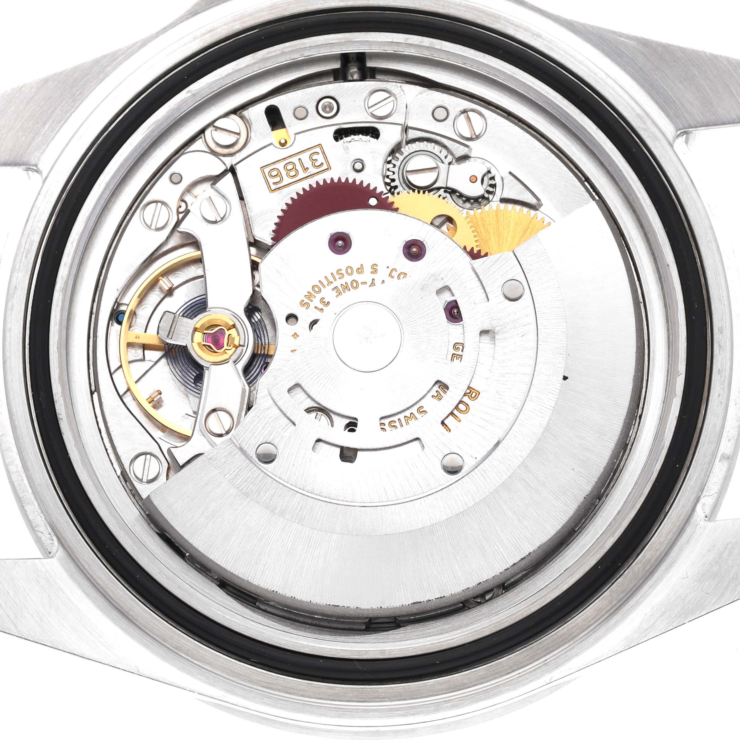 The image shows the internal mechanical movement of a Rolex Explorer 16570 Men's Stainless Steel White Dial 16570 Men's Stainless Steel White Dial watch from a rear angle.