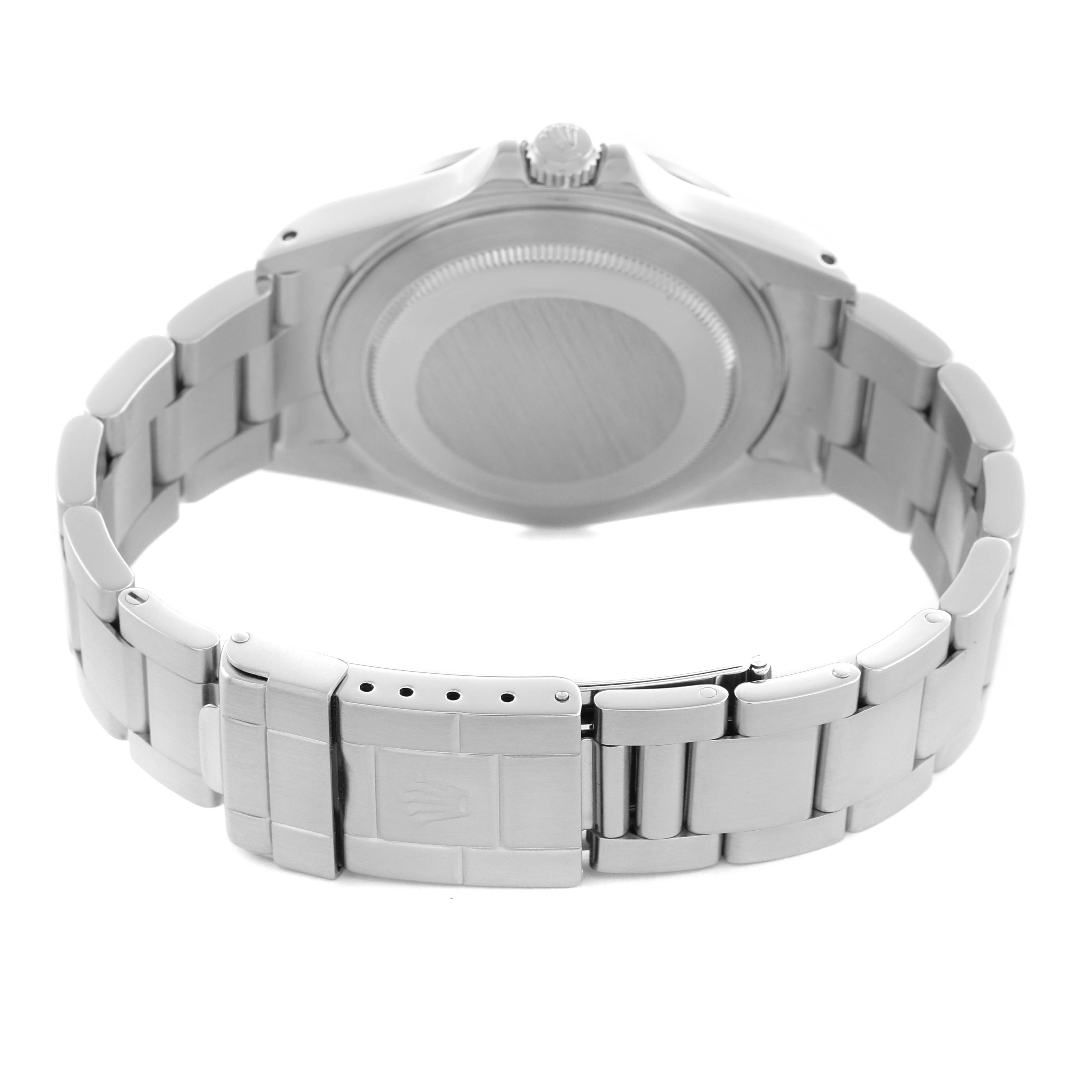 The image shows the back of the Rolex Explorer 16570 Men
s Stainless Steel White Dial 16570 Men
s Stainless Steel White Dial watch, highlighting the bracelet and clasp.