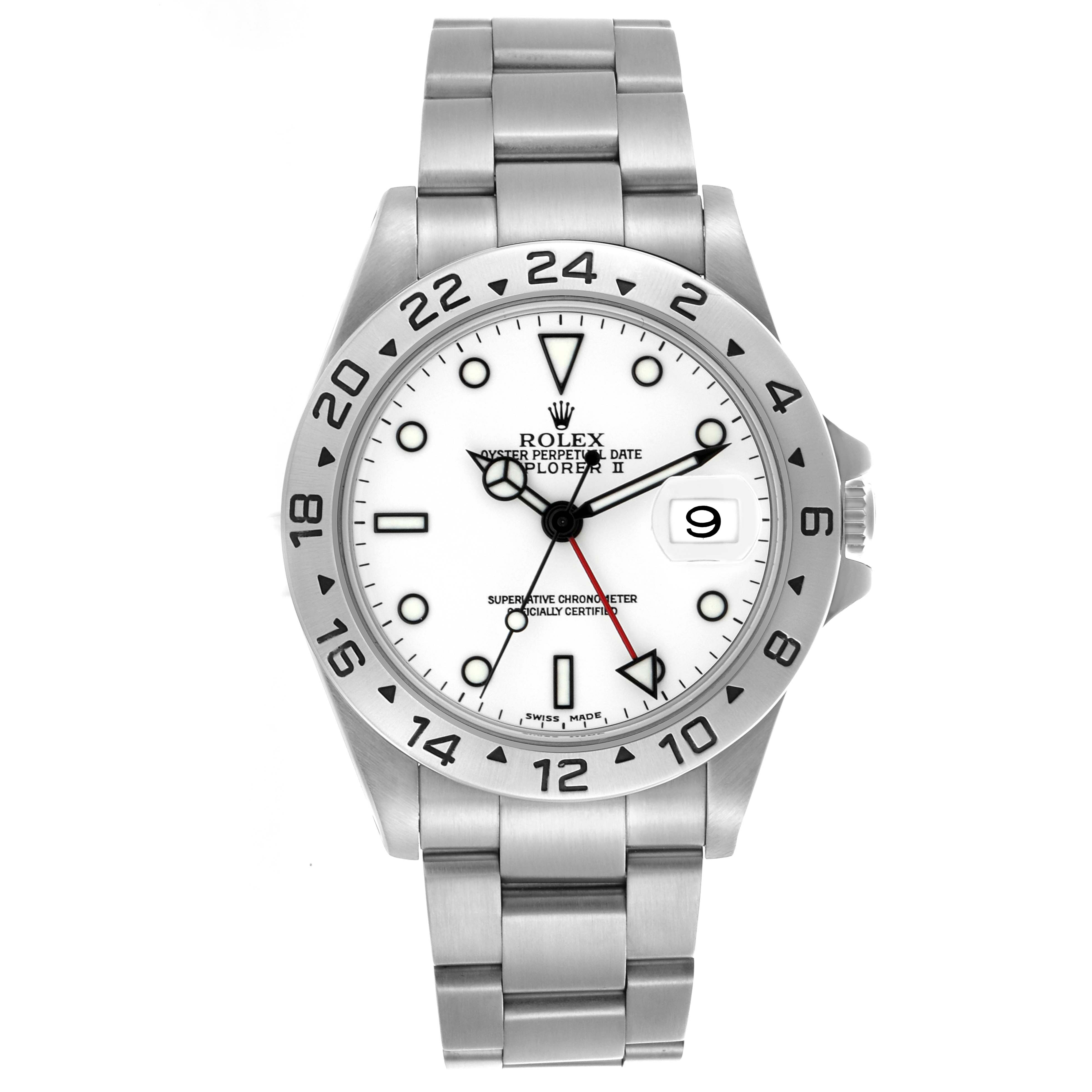 The Rolex Explorer 16570 Men
s Stainless Steel White Dial 16570 Men
s Stainless Steel White Dial model is shown from the front, highlighting the dial, bezel, bracelet, and crown.