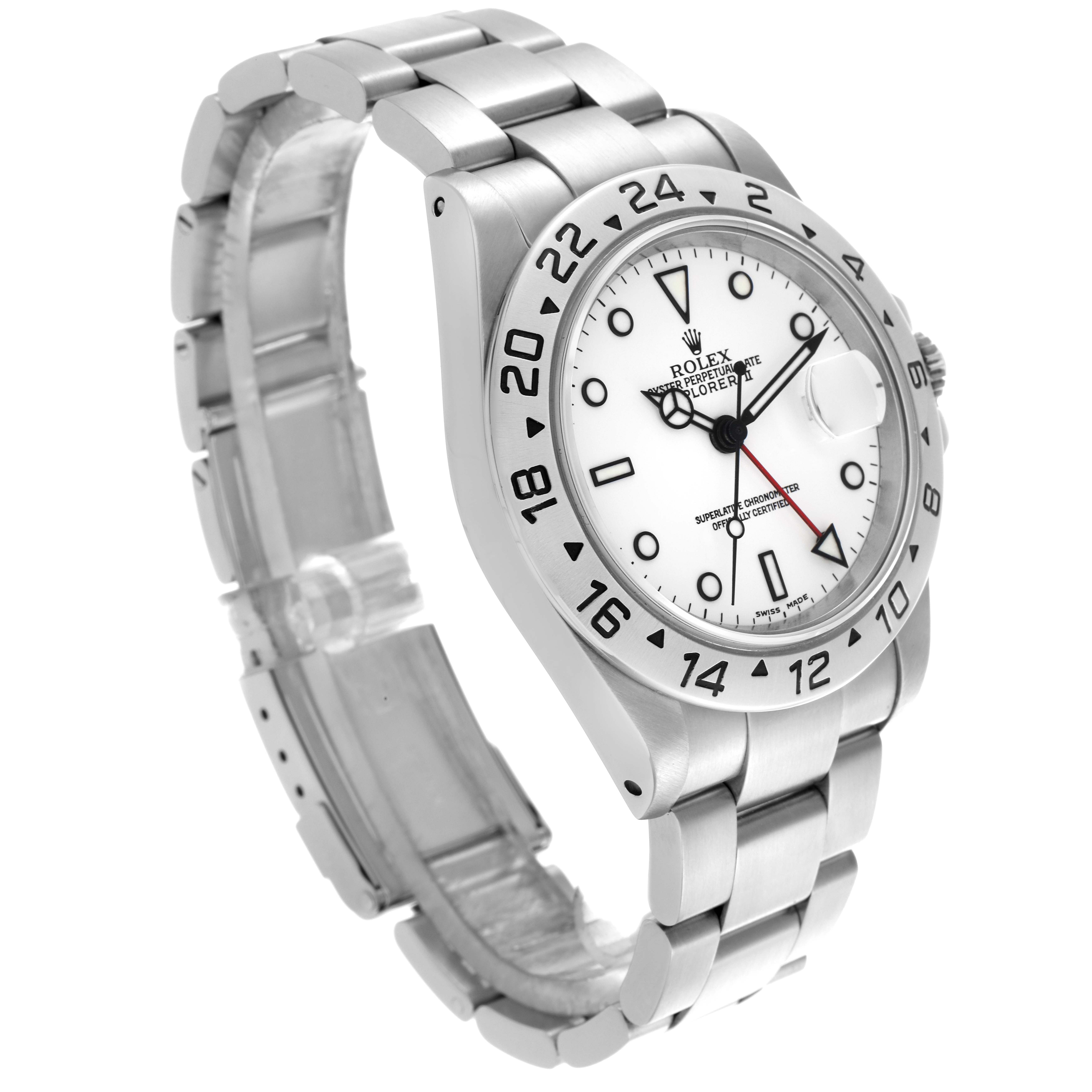 The Rolex Explorer 16570 Men
s Stainless Steel White Dial 16570 Men
s Stainless Steel White Dial watch is shown at a three-quarter angle, featuring its bezel, dial, and bracelet.