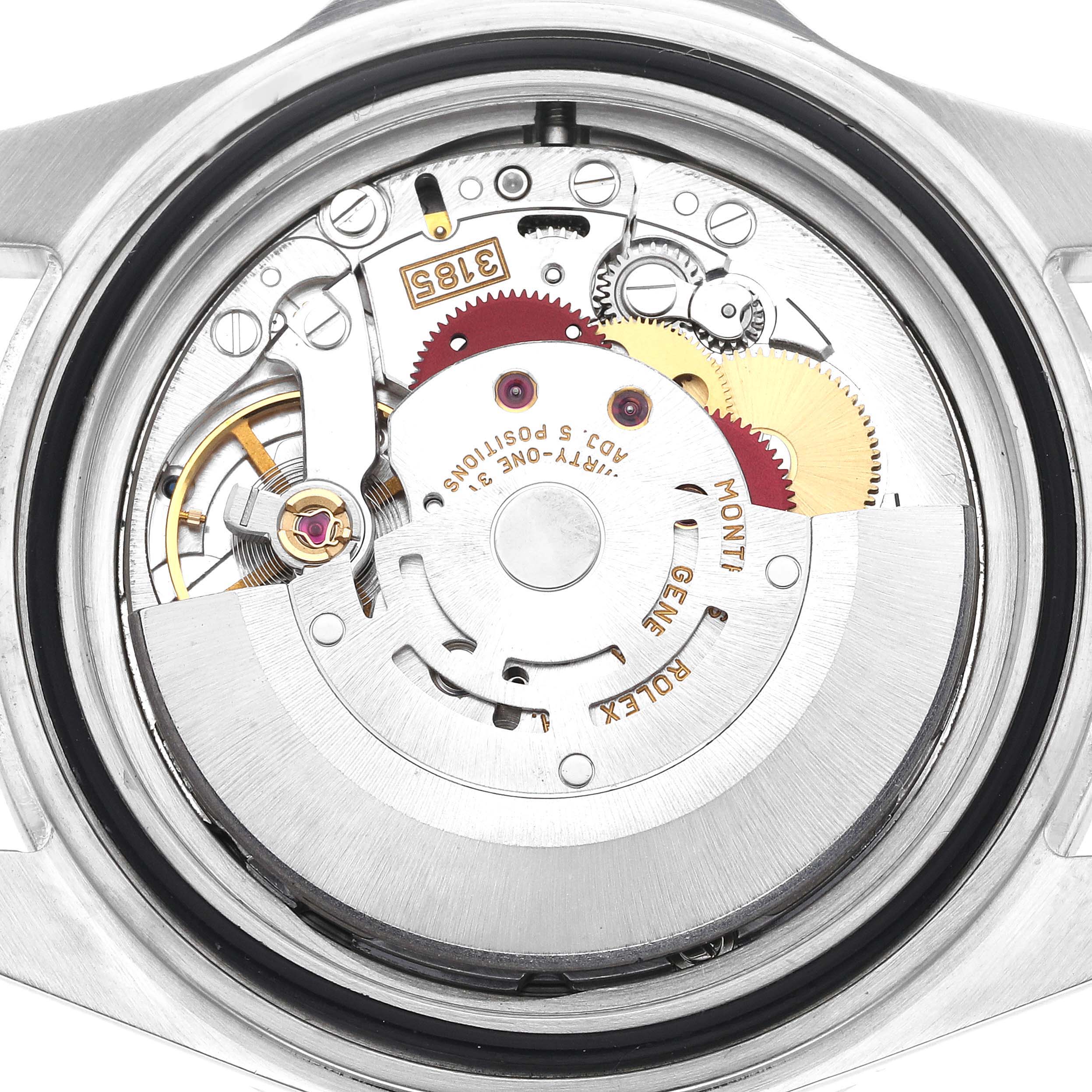 The image shows the movement of a Rolex Explorer 16570 Men
s Stainless Steel White Dial 16570 Men
s Stainless Steel White Dial watch, viewed from the back, highlighting gears and inscriptions.