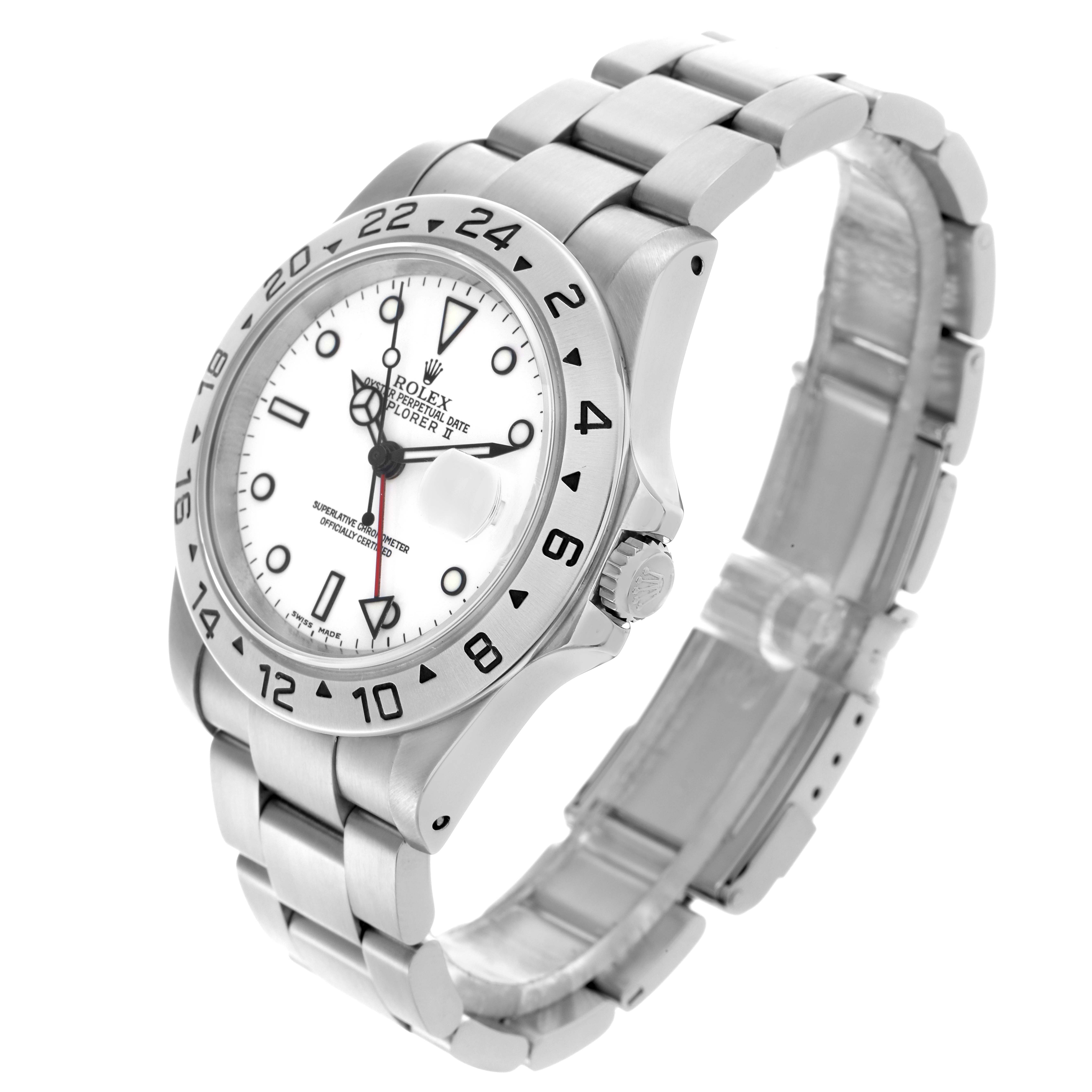 The Rolex Explorer 16570 Men
s Stainless Steel White Dial 16570 Men
s Stainless Steel White Dial watch is shown at a slight angle highlighting the face, bezel, crown, and bracelet.