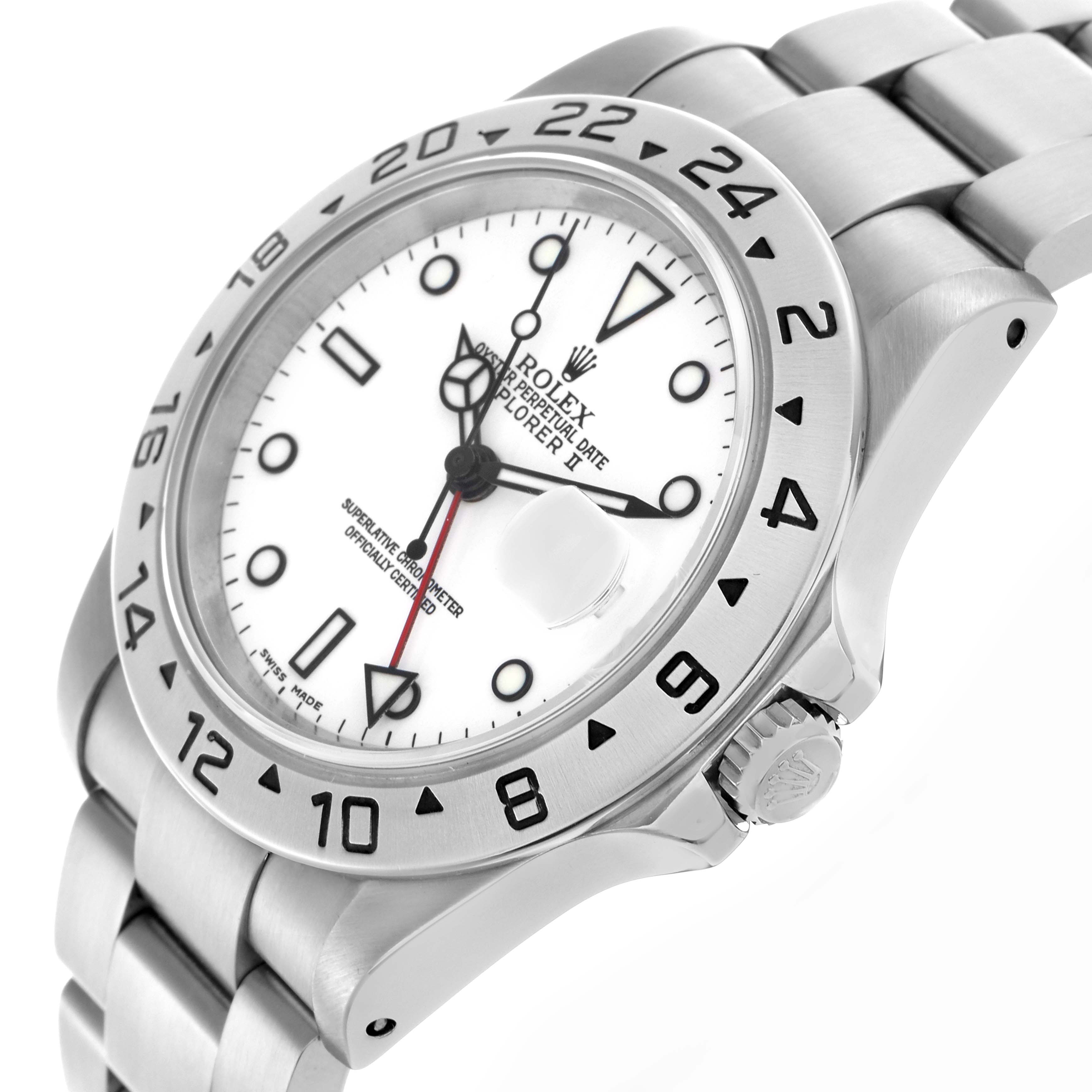 The Rolex Explorer 16570 Men
s Stainless Steel White Dial 16570 Men
s Stainless Steel White Dial watch is shown at a three-quarter angle, displaying the face, bezel, crown, and part of the bracelet.