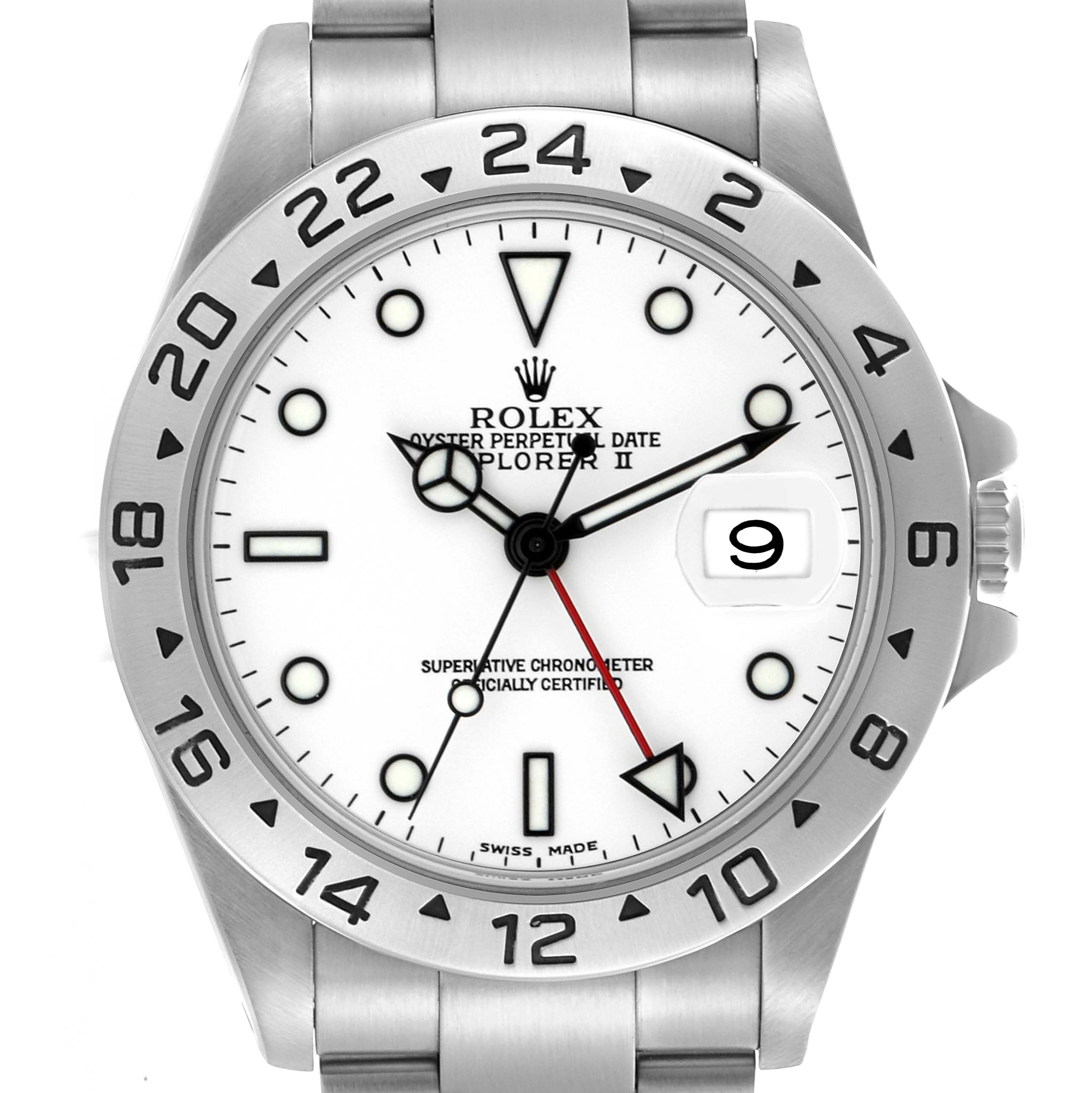 The Rolex Explorer 16570 Men
s Stainless Steel White Dial 16570 Men
s Stainless Steel White Dial watch is shown from the front, displaying its dial, bezel, and part of the bracelet.