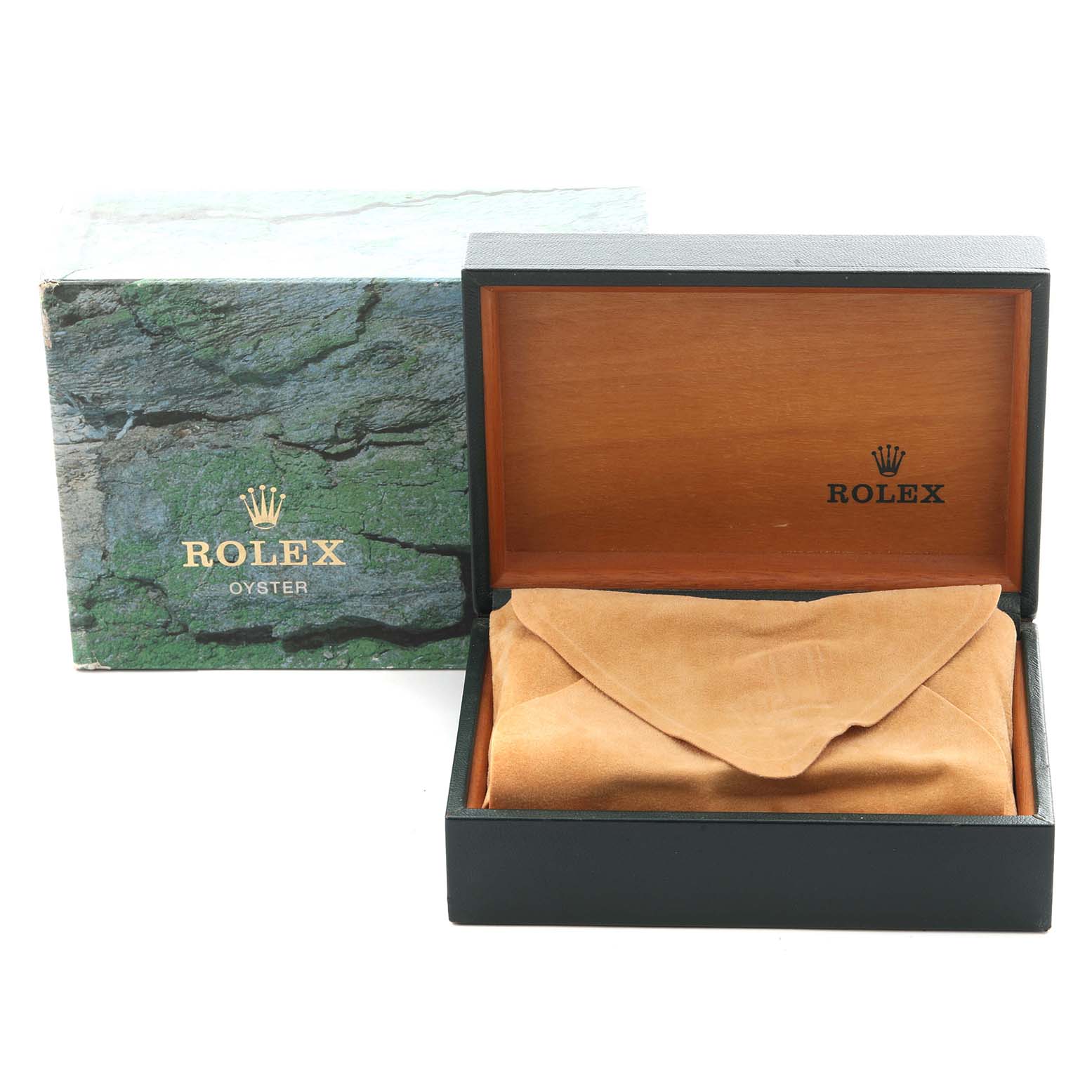 The image shows a Rolex Explorer 16570 Men
s Stainless Steel White Dial 16570 Men
s Stainless Steel White Dial watch box, including an outer box and a cushioned inner box, without the watch visible.