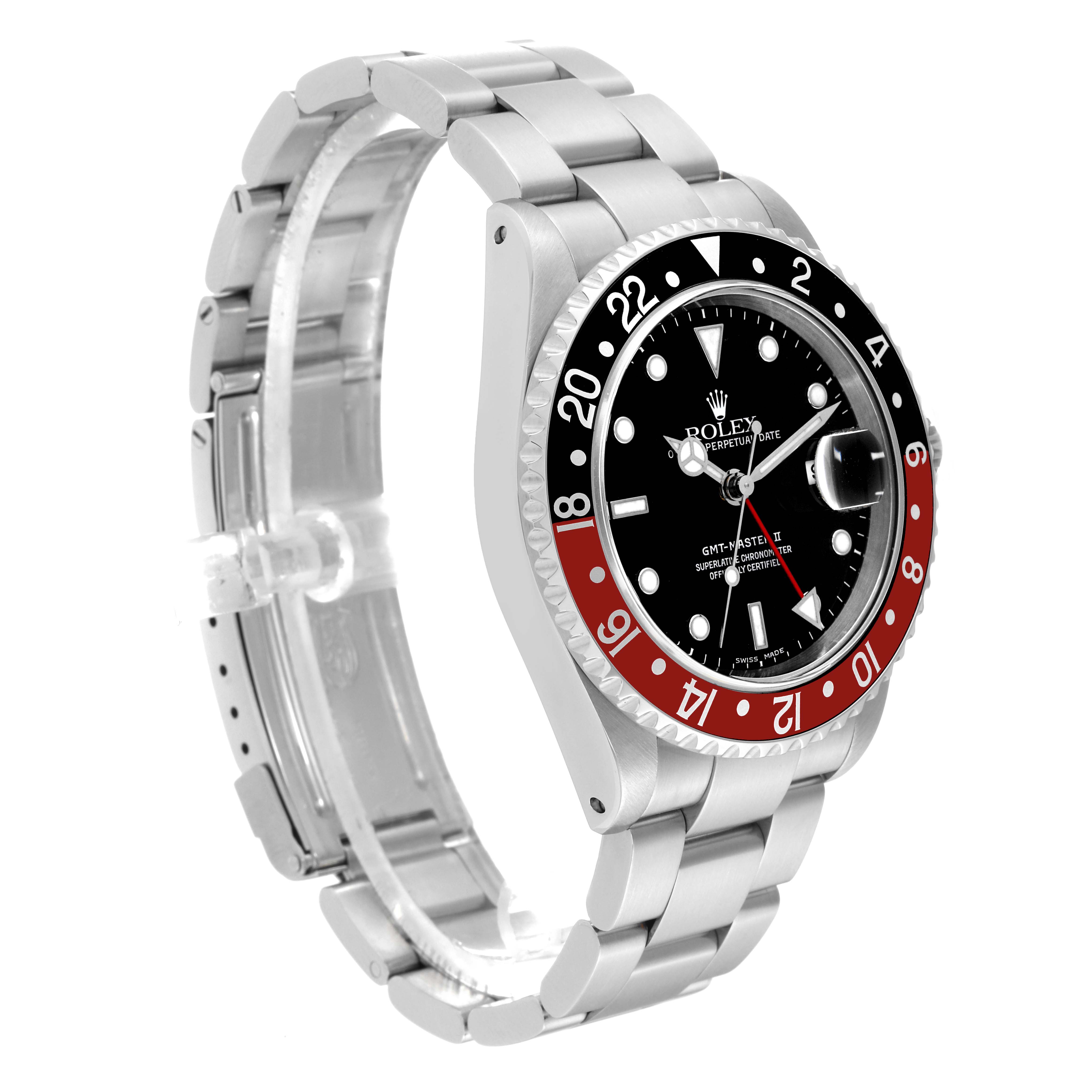 The Rolex GMT-Master 16710 Men
s Stainless Steel Black Dial 16710 Men
s Stainless Steel Black Dial watch is shown at a 3/4 angle, highlighting the face, bracelet, and partially red and black bezel.
