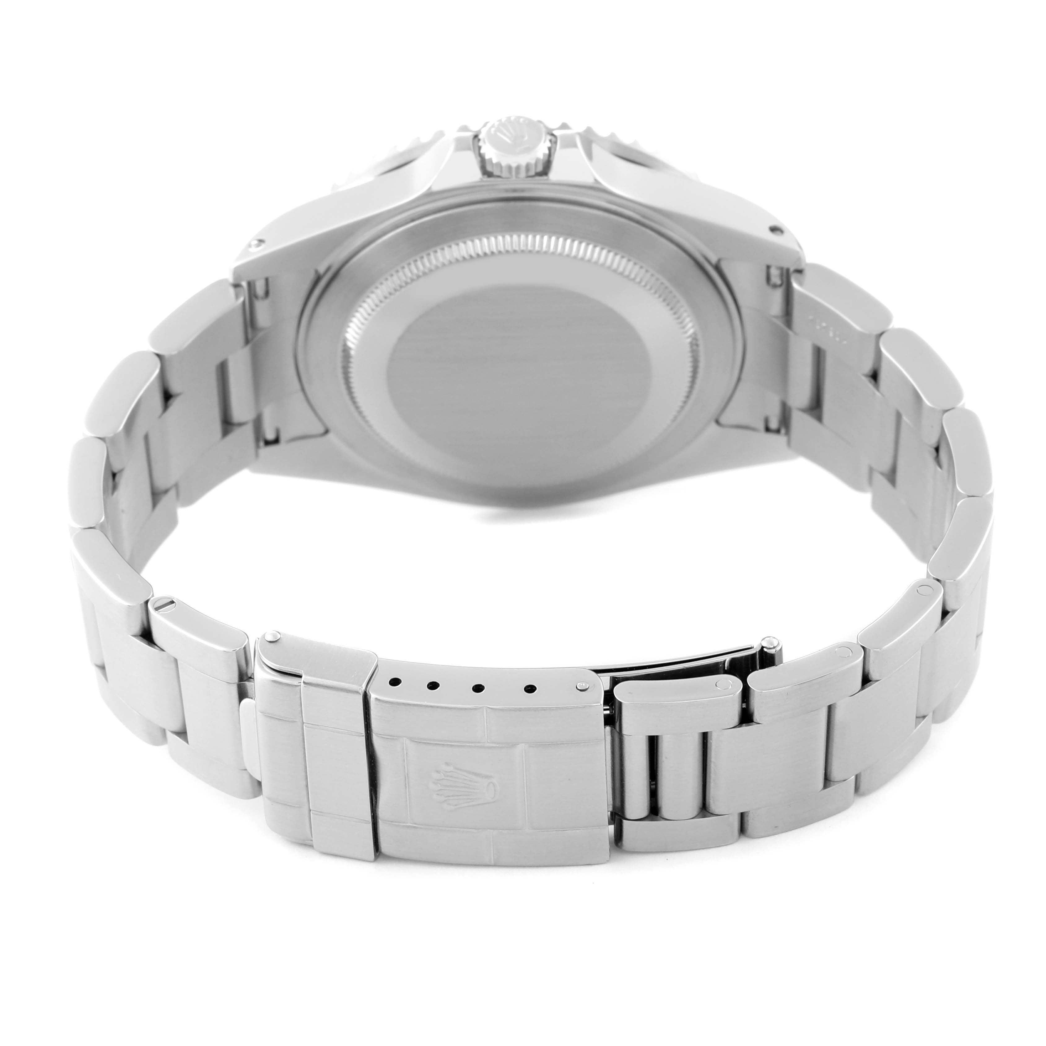 The image shows the back of the Rolex GMT-Master 16710 Men
s Stainless Steel Black Dial 16710 Men
s Stainless Steel Black Dial watch, highlighting the case back, crown, and metal bracelet.