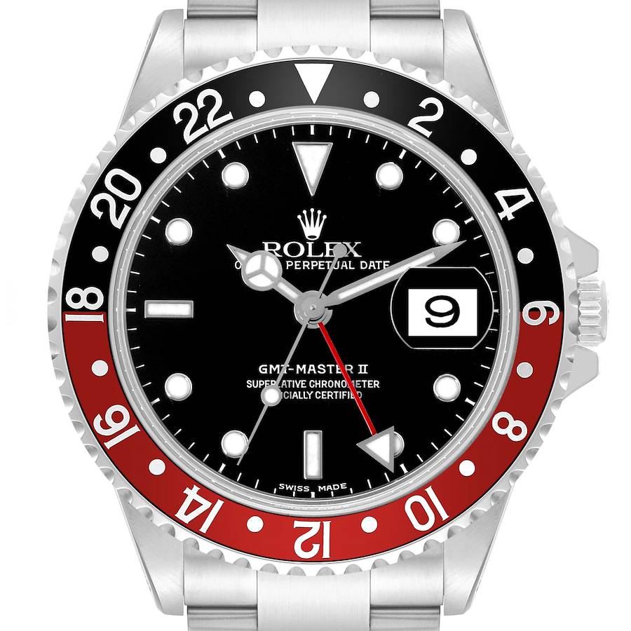 The image shows a frontal view of the Rolex GMT-Master II watch face and bezel.