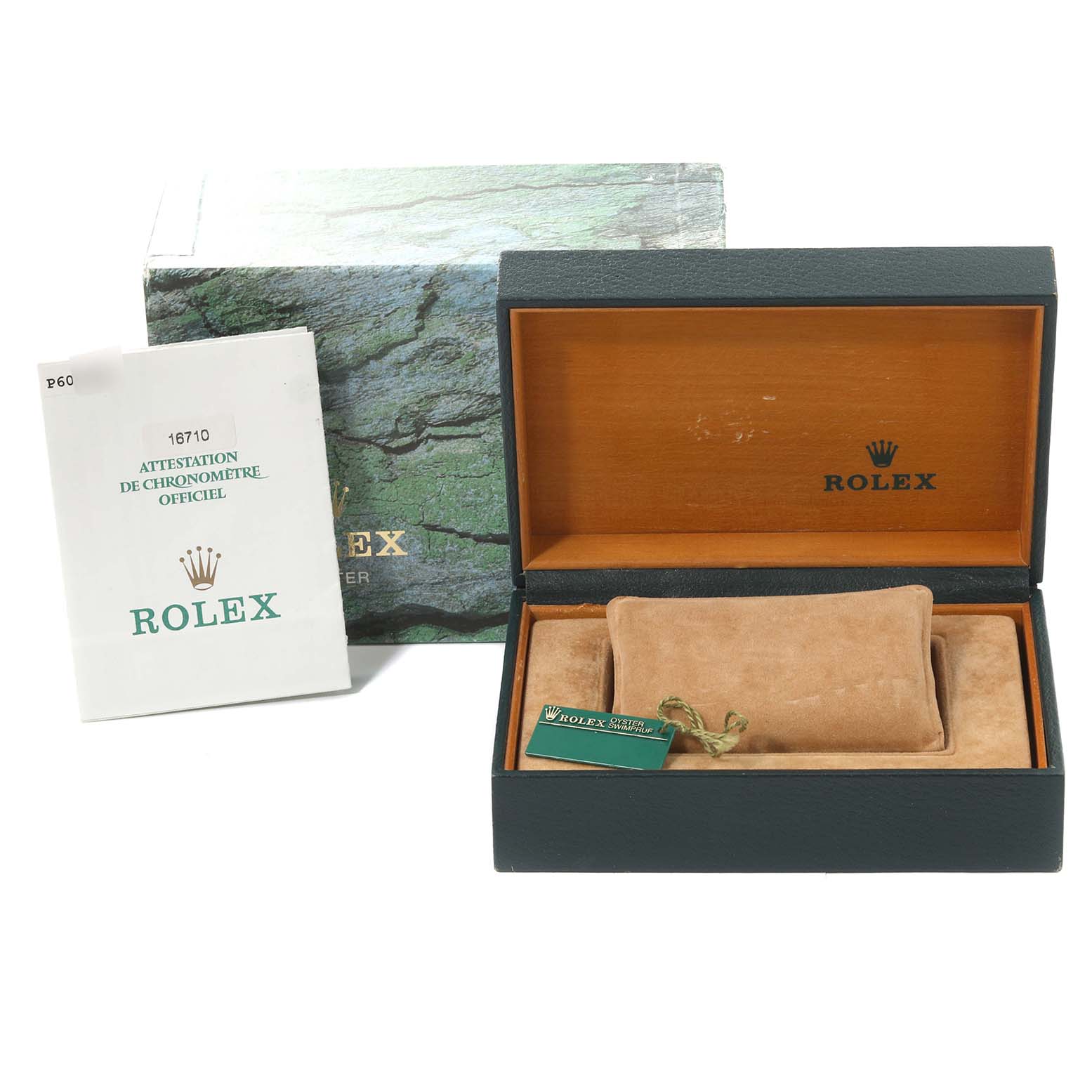 The image shows the packaging, including the box and certificate, for a Rolex GMT-Master 16710 Men
s Stainless Steel Black Dial 16710 Men
s Stainless Steel Black Dial watch model.