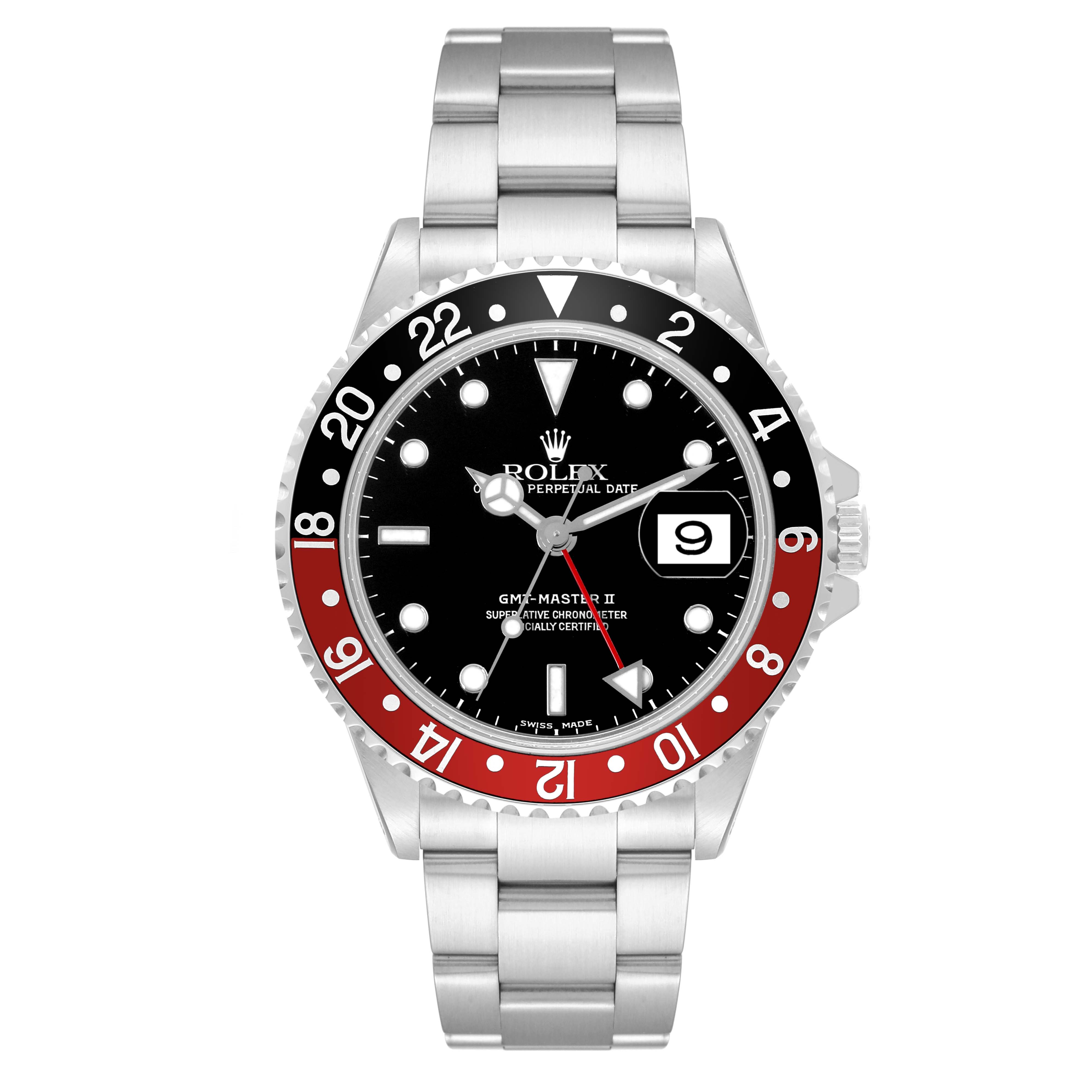 This image shows a front view of a Rolex GMT-Master 16710 Men
s Stainless Steel Black Dial 16710 Men
s Stainless Steel Black Dial II watch, featuring a red and black bezel with a stainless steel bracelet.