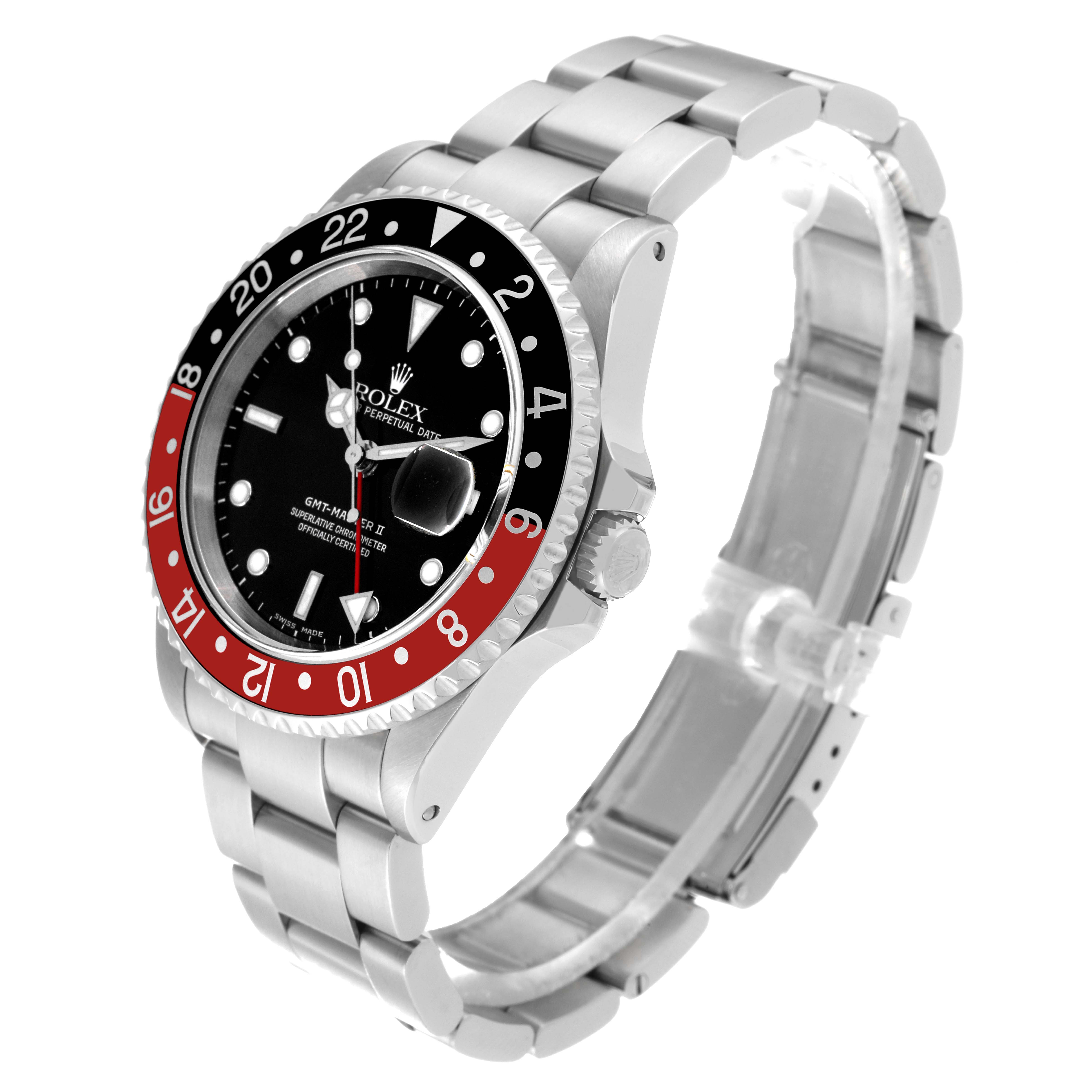 The image shows a side angle of a Rolex GMT-Master 16710 Men
s Stainless Steel Black Dial 16710 Men
s Stainless Steel Black Dial watch highlighting its bezel, crown, bracelet, and dial.