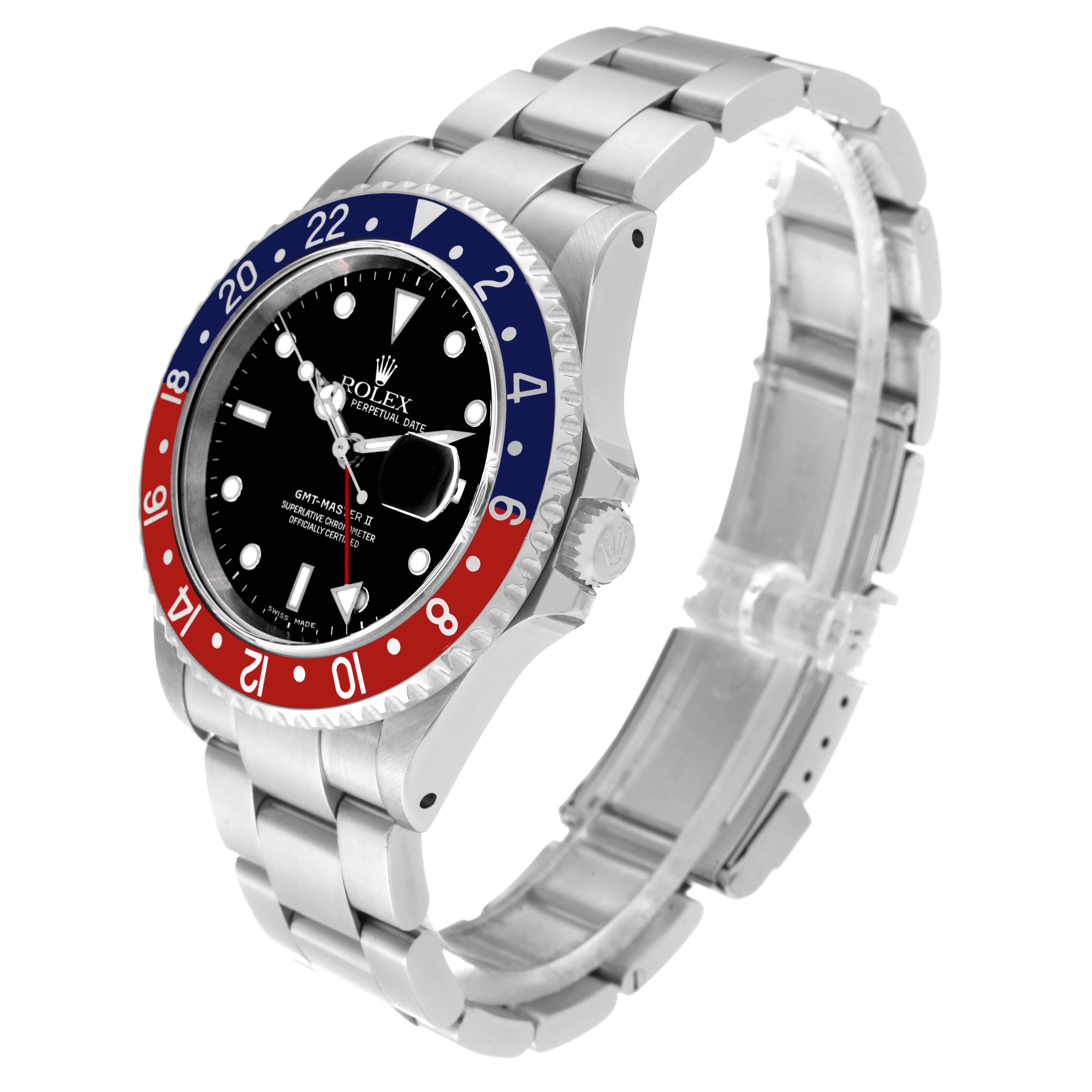 This image shows a Rolex GMT-Master 16710 Men
s Stainless Steel Black Dial 16710 Men
s Stainless Steel Black Dial watch at a three-quarter angle, highlighting the bezel, dial, and bracelet.