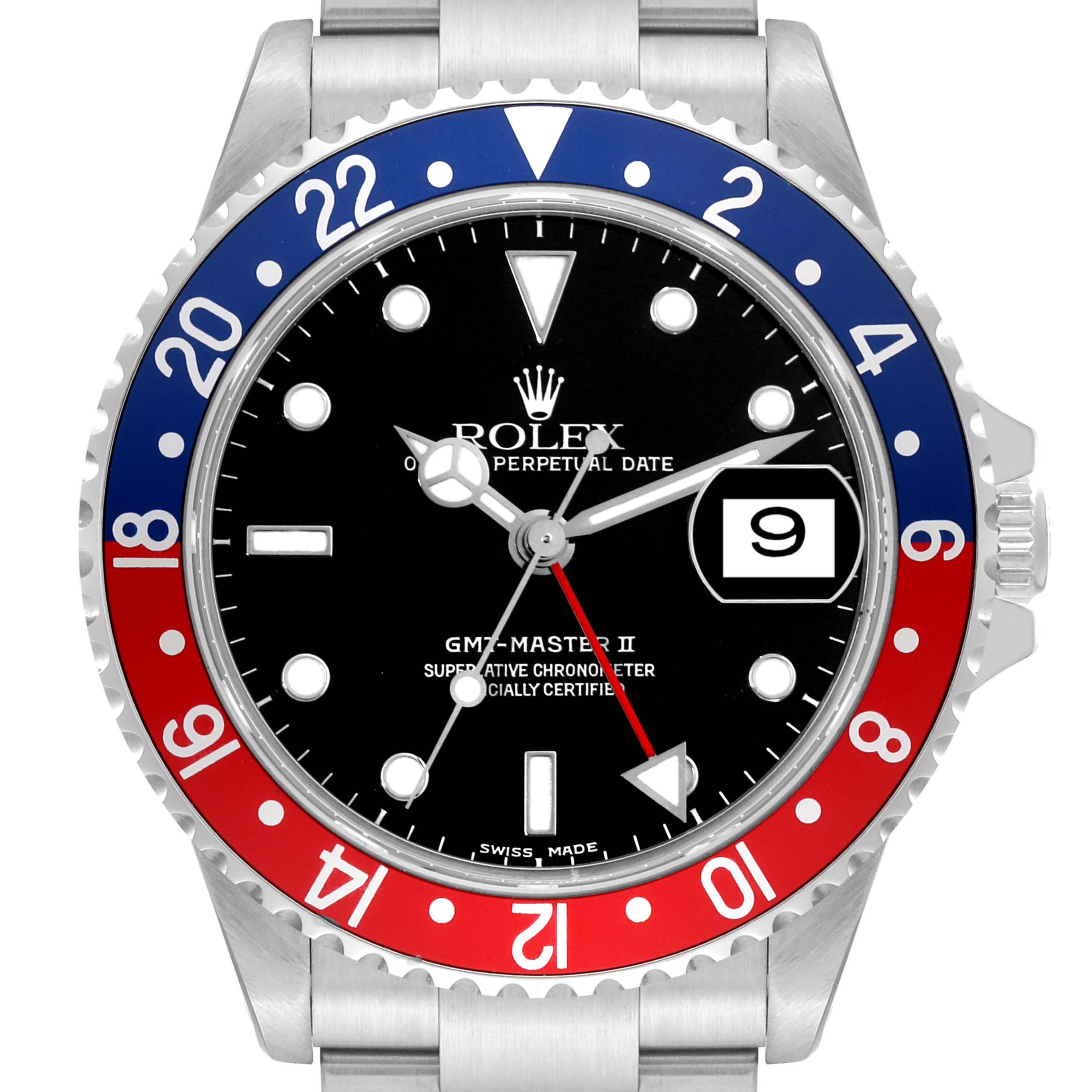 This image shows a front view of the Rolex GMT-Master 16710 Men
s Stainless Steel Black Dial 16710 Men
s Stainless Steel Black Dial II watch, displaying the bezel, dial, hands, and date window.
