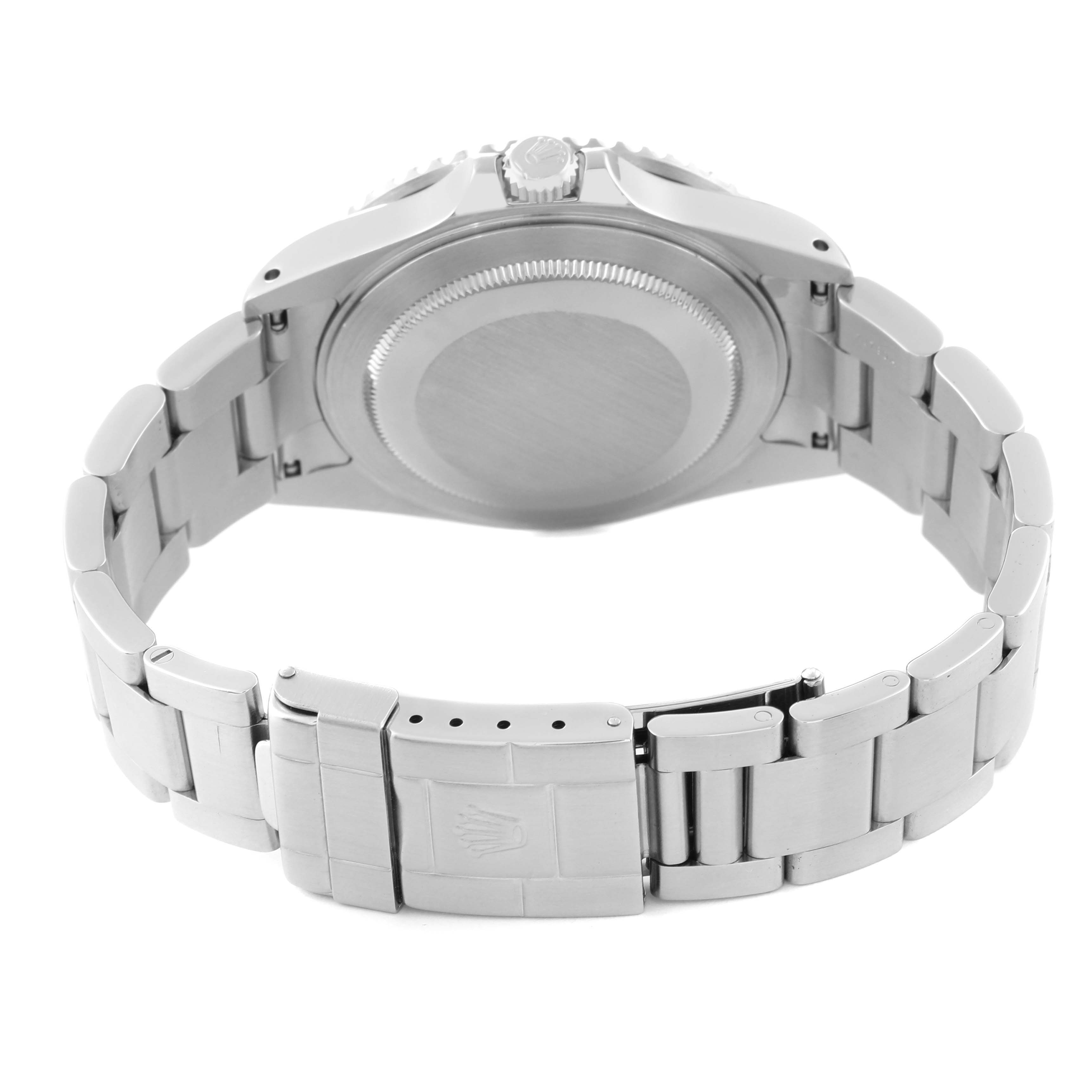 The image shows the back and clasp of a Rolex GMT-Master 16710 Men
s Stainless Steel Black Dial 16710 Men
s Stainless Steel Black Dial watch at a rear angle.