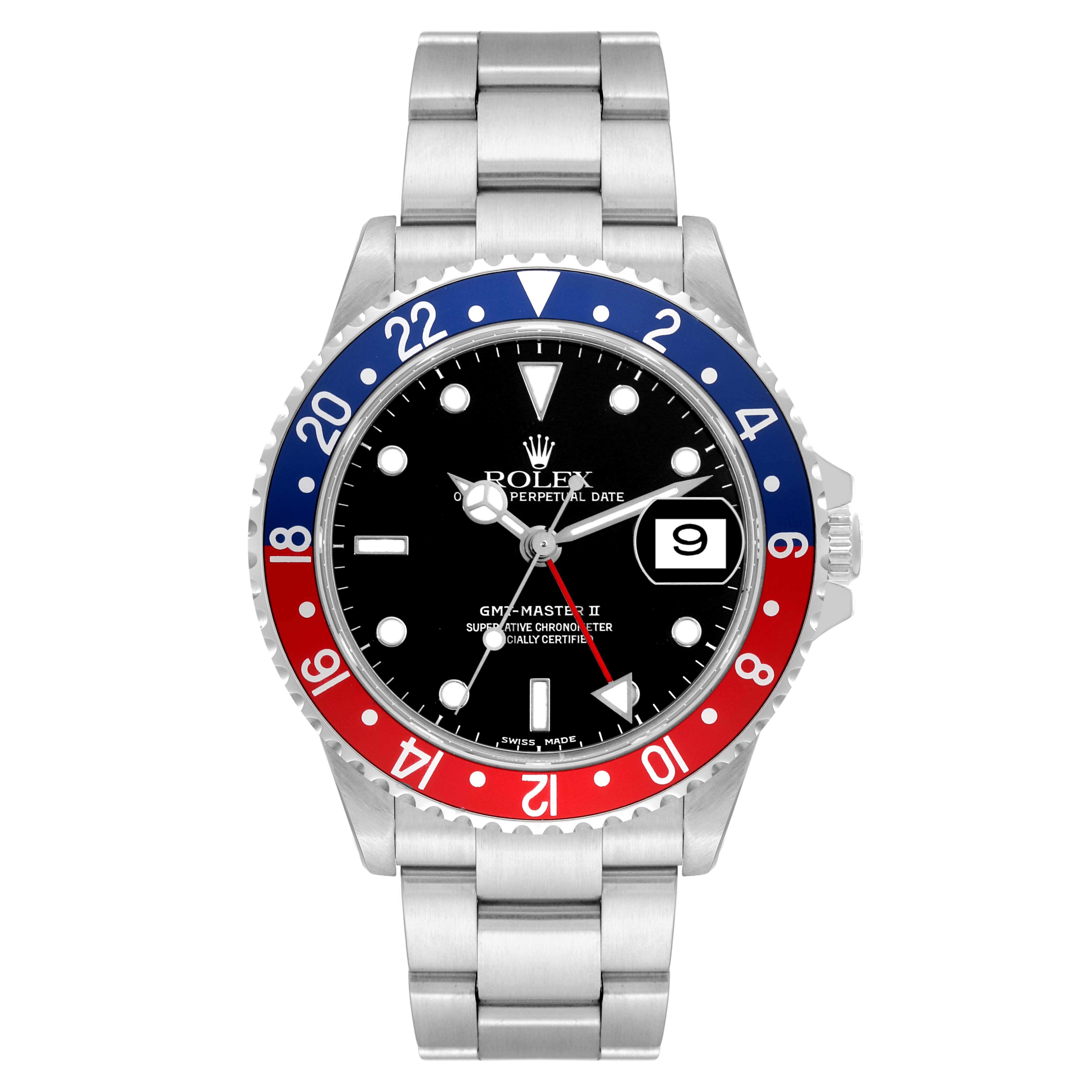 The image shows a front view of a Rolex GMT-Master 16710 Men
s Stainless Steel Black Dial 16710 Men
s Stainless Steel Black Dial watch displaying the bezel, dial, hands, and bracelet.