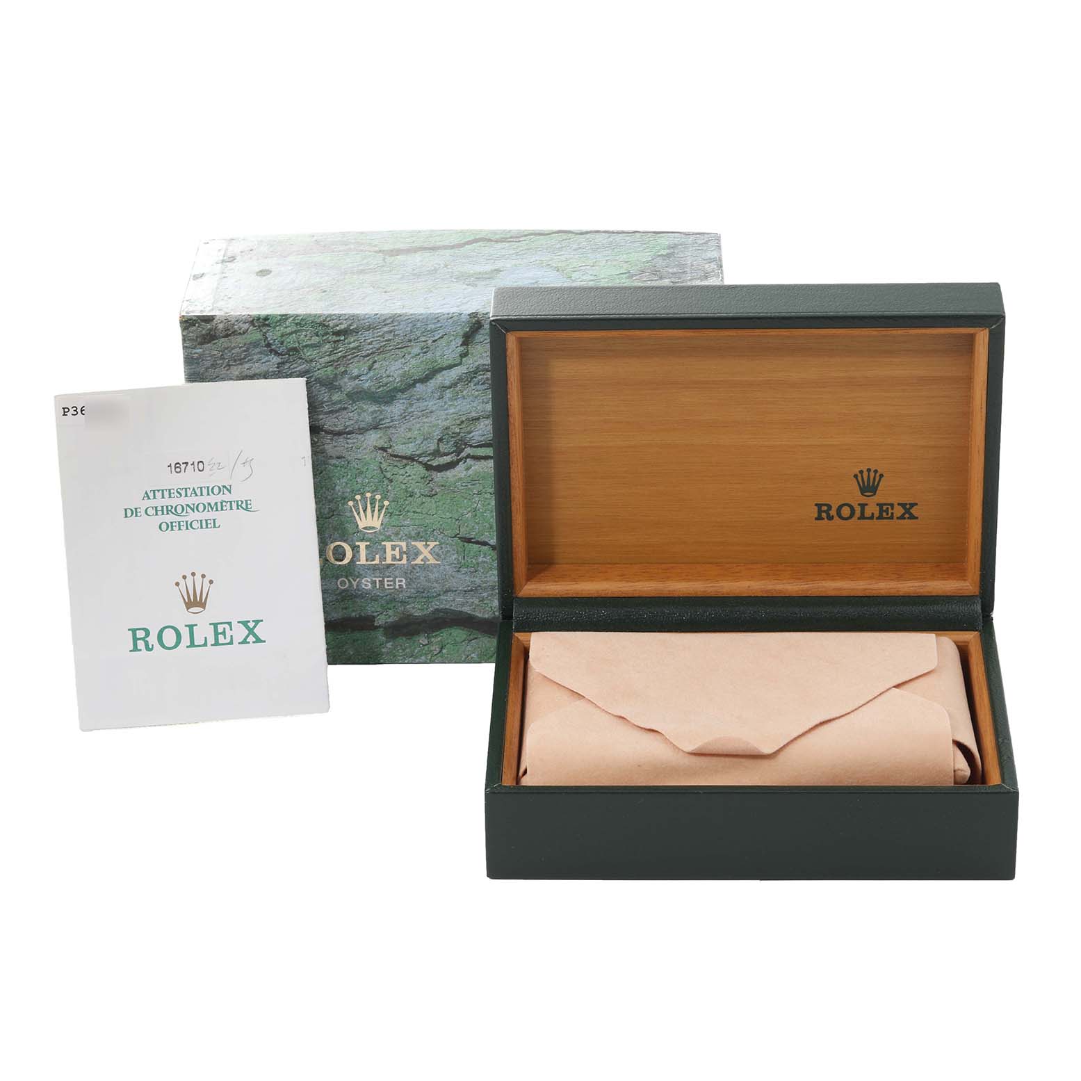 The image shows a Rolex GMT-Master 16710 Men
s Stainless Steel Black Dial 16710 Men
s Stainless Steel Black Dial watch box, warranty papers, and the inner packaging at a front angle.