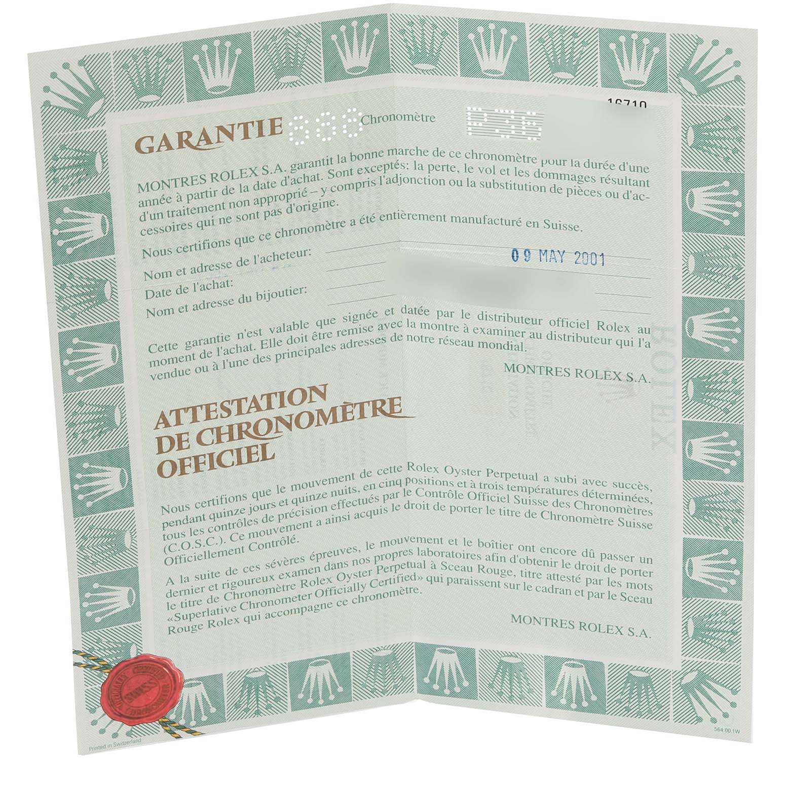 This image shows an official guarantee and chronometer certification paper for the Rolex GMT-Master 16710 Men
s Stainless Steel Black Dial 16710 Men
s Stainless Steel Black Dial watch, dated May 9, 2001.