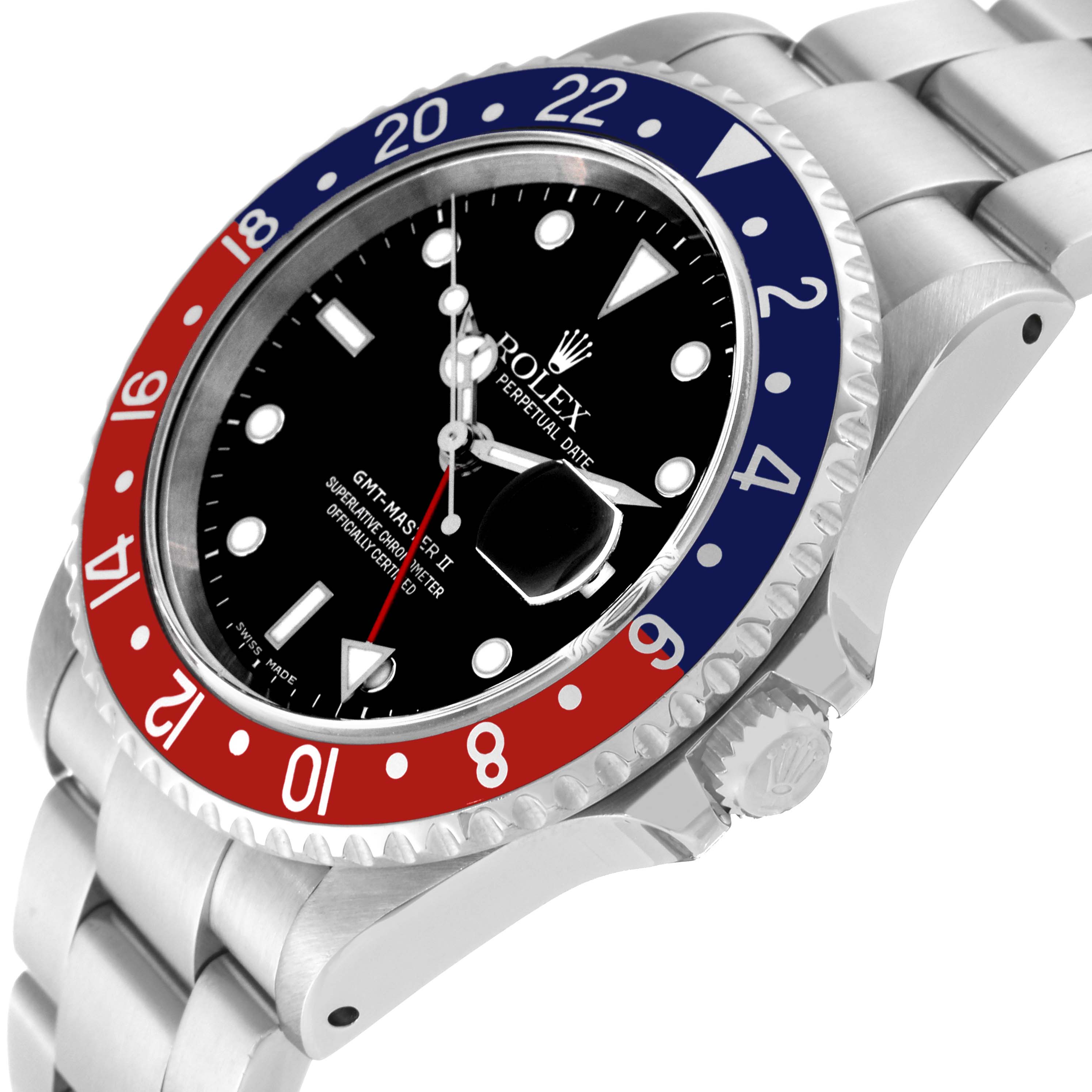 The Rolex GMT-Master 16710 Men
s Stainless Steel Black Dial 16710 Men
s Stainless Steel Black Dial II watch is shown at an angled close-up, highlighting the bezel, face, crown, and part of the bracelet.