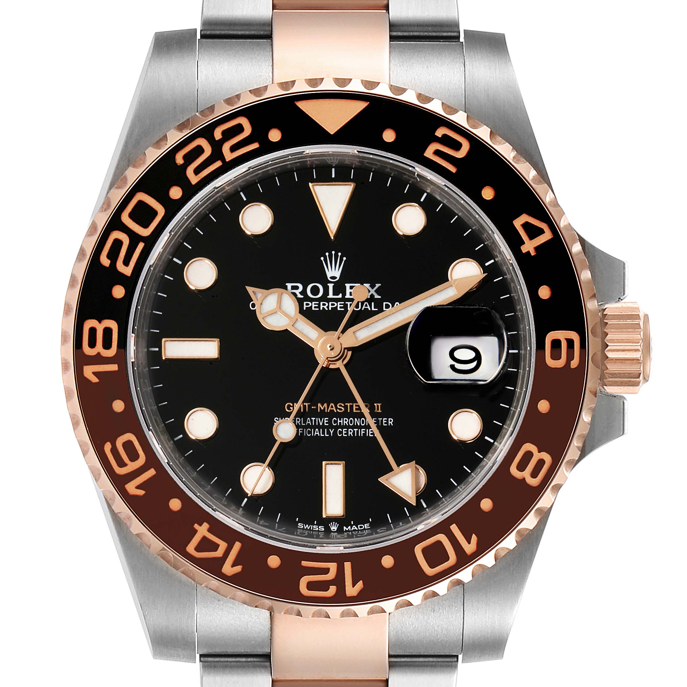 This image shows a front view of the Rolex GMT-Master 126711 Men's Steel and Gold (two tone) Black Dial 126711 Men's Steel and Gold (two tone) Black Dial II watch, displaying the dial, bezel, and part of the bracelet.