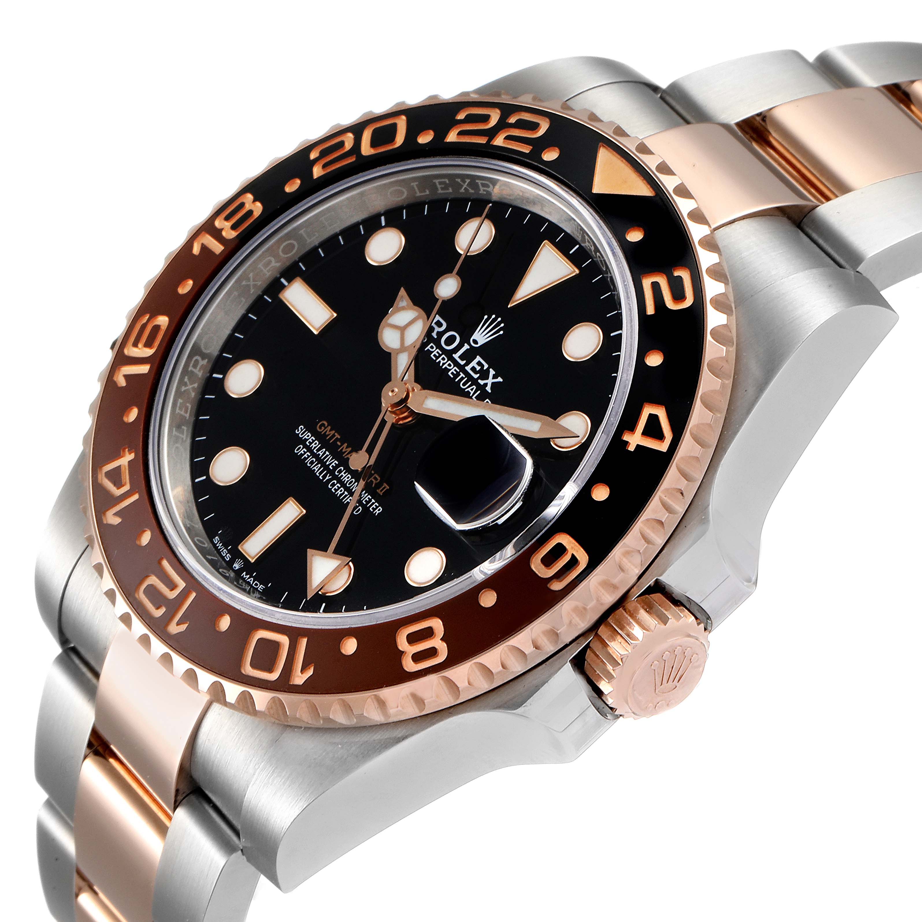 This image shows a close-up side angle of a Rolex GMT-Master 126711 Men's Steel and Gold (two tone) Black Dial 126711 Men's Steel and Gold (two tone) Black Dial watch, highlighting the bezel, dial, and part of the bracelet.