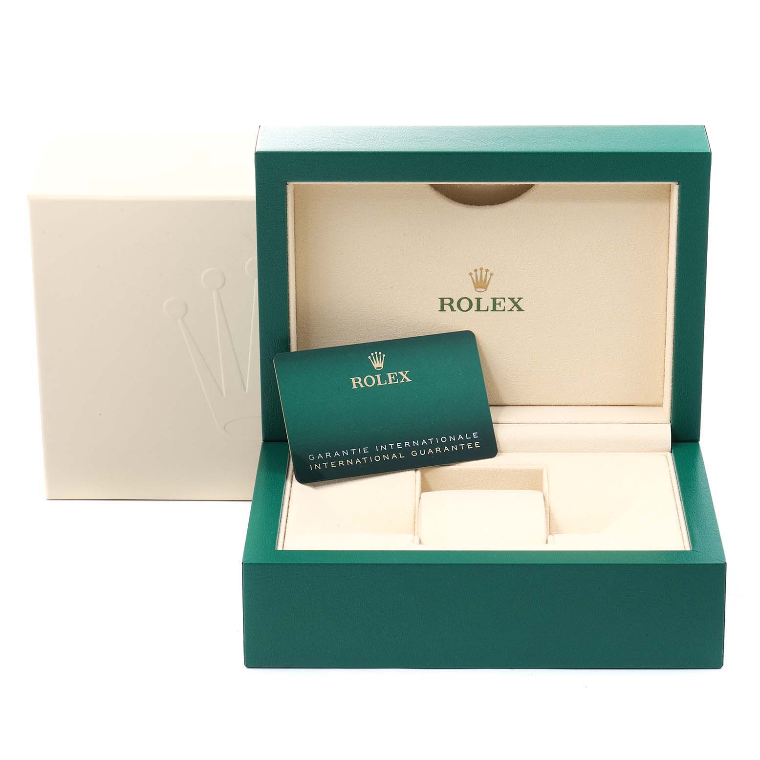 This image shows a Rolex GMT-Master 126711 Men's Steel and Gold (two tone) Black Dial 126711 Men's Steel and Gold (two tone) Black Dial box and international guarantee card from a front angle.