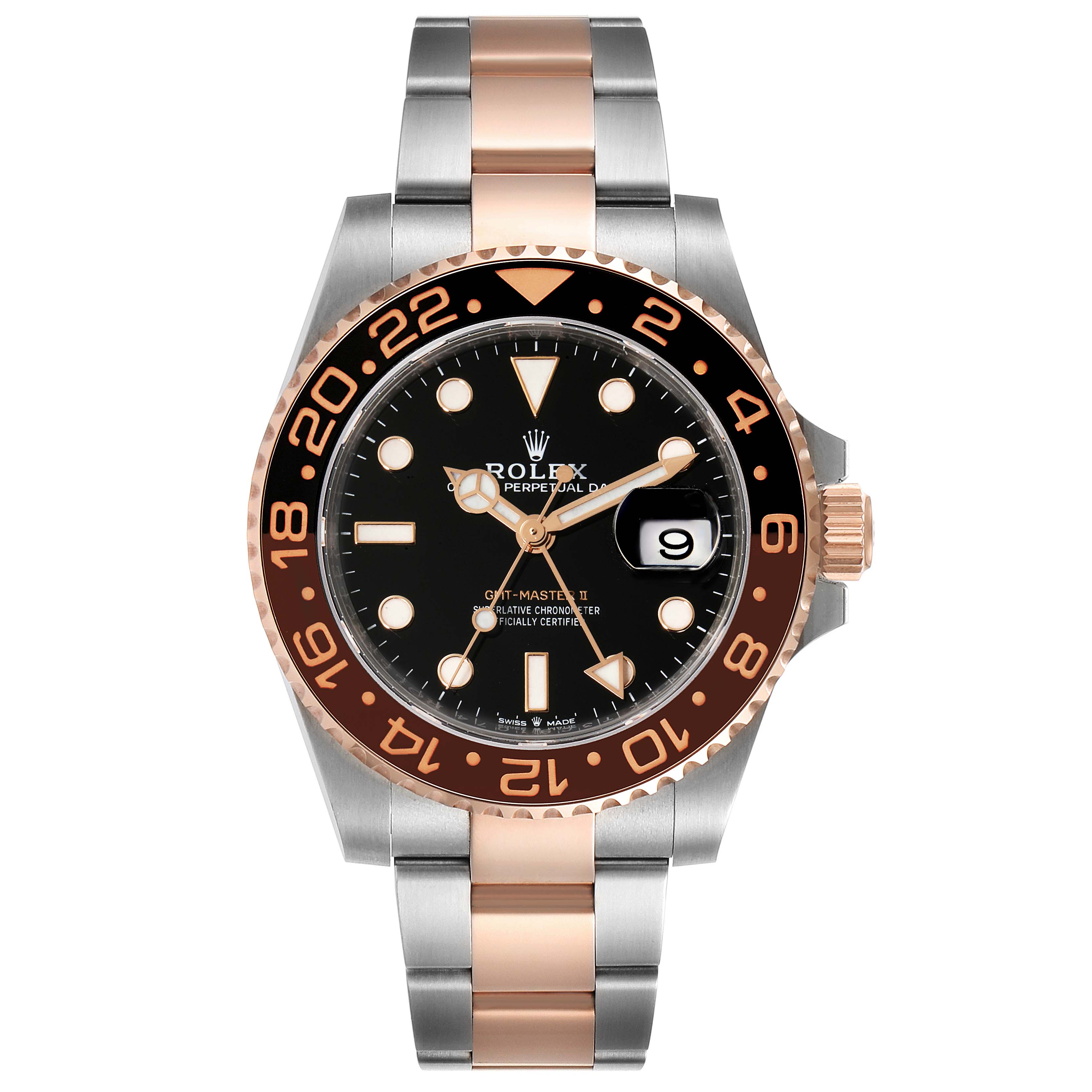 The image shows a front view of a Rolex GMT-Master 126711 Men's Steel and Gold (two tone) Black Dial 126711 Men's Steel and Gold (two tone) Black Dial watch, featuring a two-tone bezel, black dial, and two-tone metal bracelet.