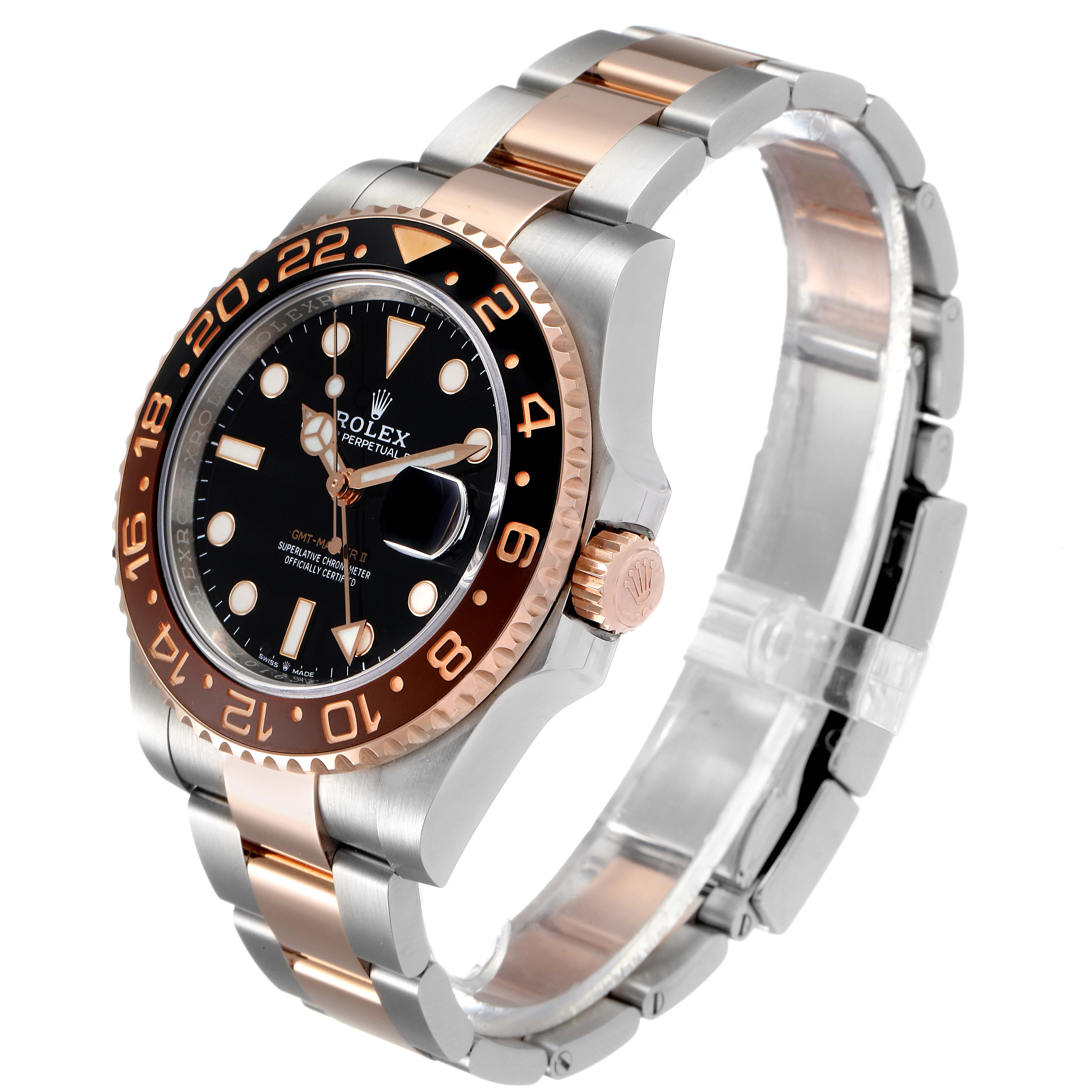 This image shows a side and front angle of a Rolex GMT-Master 126711 Men's Steel and Gold (two tone) Black Dial 126711 Men's Steel and Gold (two tone) Black Dial watch, highlighting the bezel, crown, face, and bracelet.